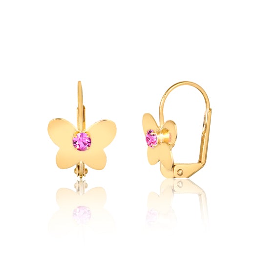 18K Gold Layered Oro Laminado Pink CZ Center In Butterfly Design Leverback Kids Earrings Wholesale 21.0456/7