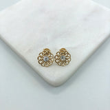 18K Gold Layered Oro Laminado Clear Rhinestone In Cut Out Flower Design Push Back Earrings 21.0572/1