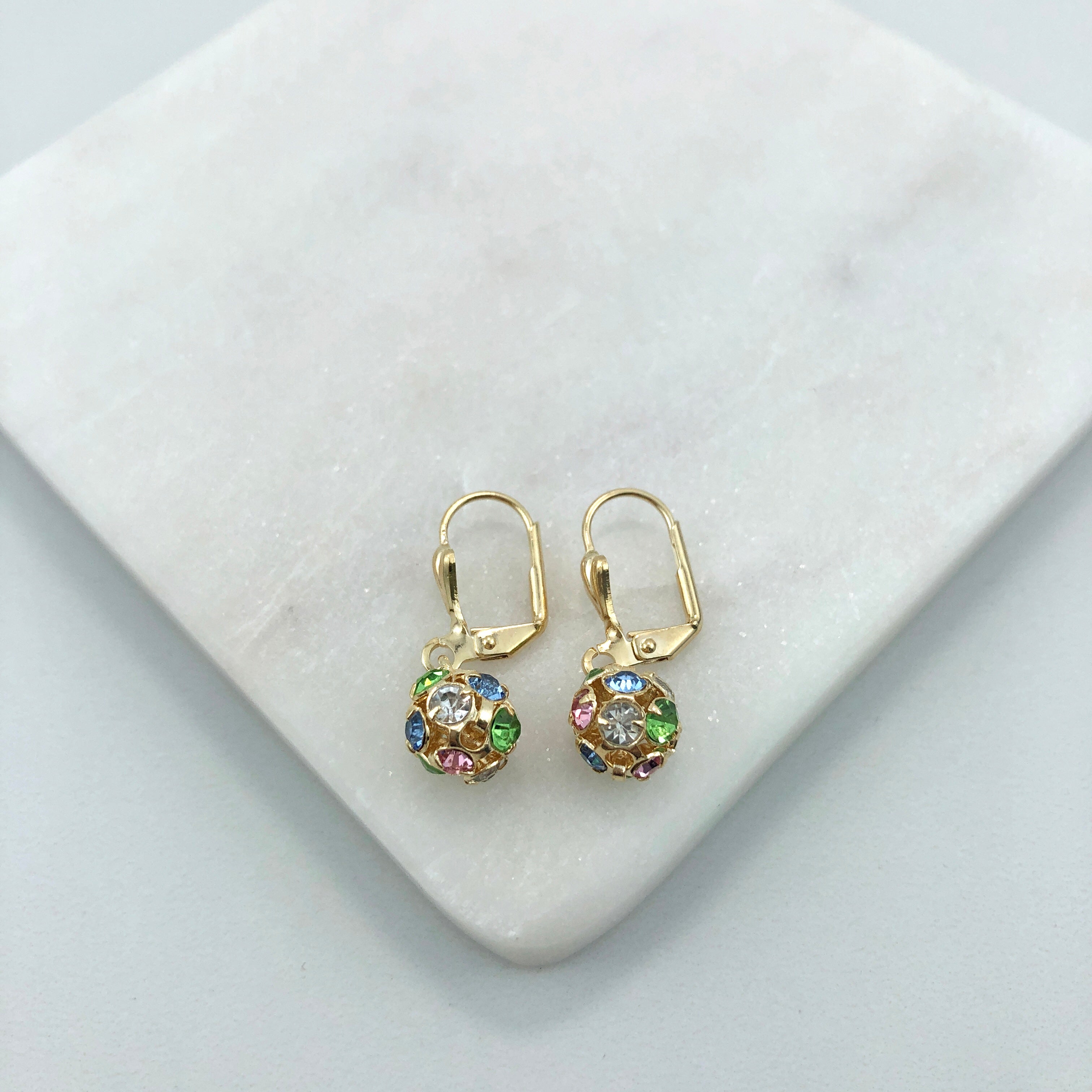 18K gold Layered Oro laminado Assorted Fire Ball Colors Lever Back Earrings 21.0584/1/2/3/4/6/10/17