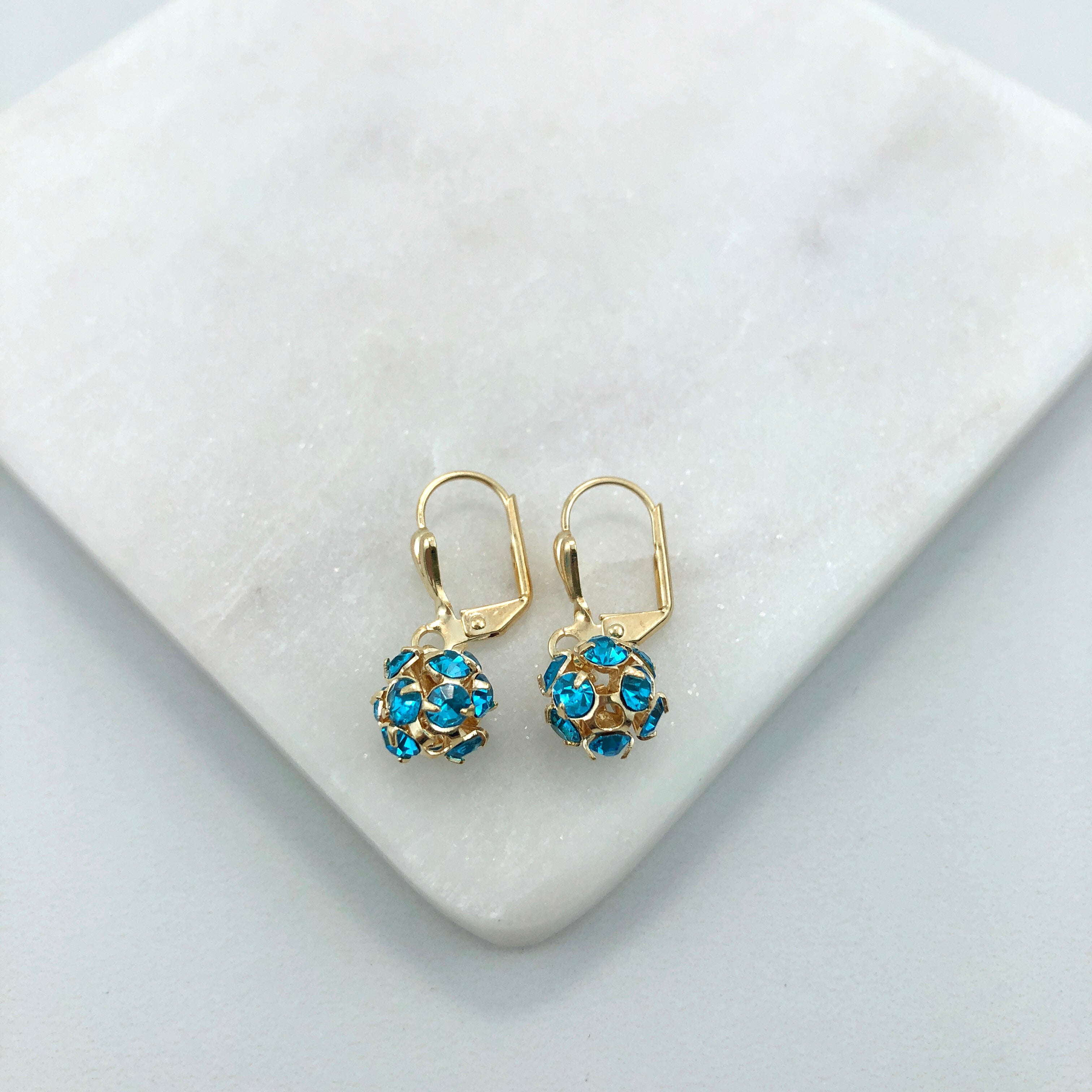 18K gold Layered Oro laminado Assorted Fire Ball Colors Lever Back Earrings 21.0584/1/2/3/4/6/10/17
