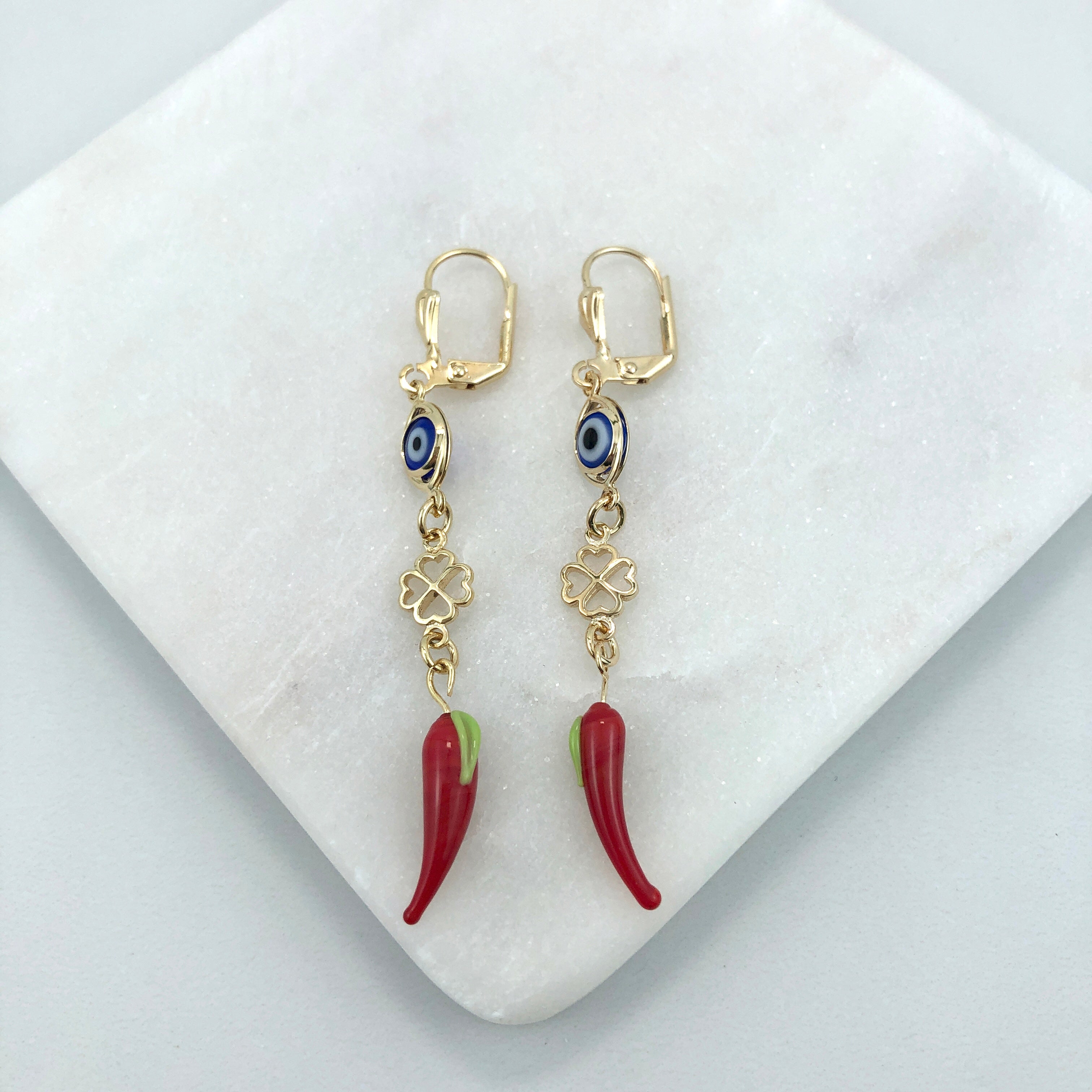 18K Gold Layered Oro Laminado White & Red Rhinestone with White Enamel Elephant In TearDrop Dangle Earrings 21.0597/17