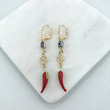 18K Gold Layered Oro Laminado White & Red Rhinestone with White Enamel Elephant In TearDrop Dangle Earrings 21.0597/17