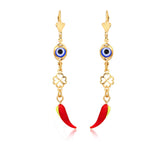 18K Gold Layered Oro Laminado White & Red Rhinestone with White Enamel Elephant In TearDrop Dangle Earrings 21.0597/17