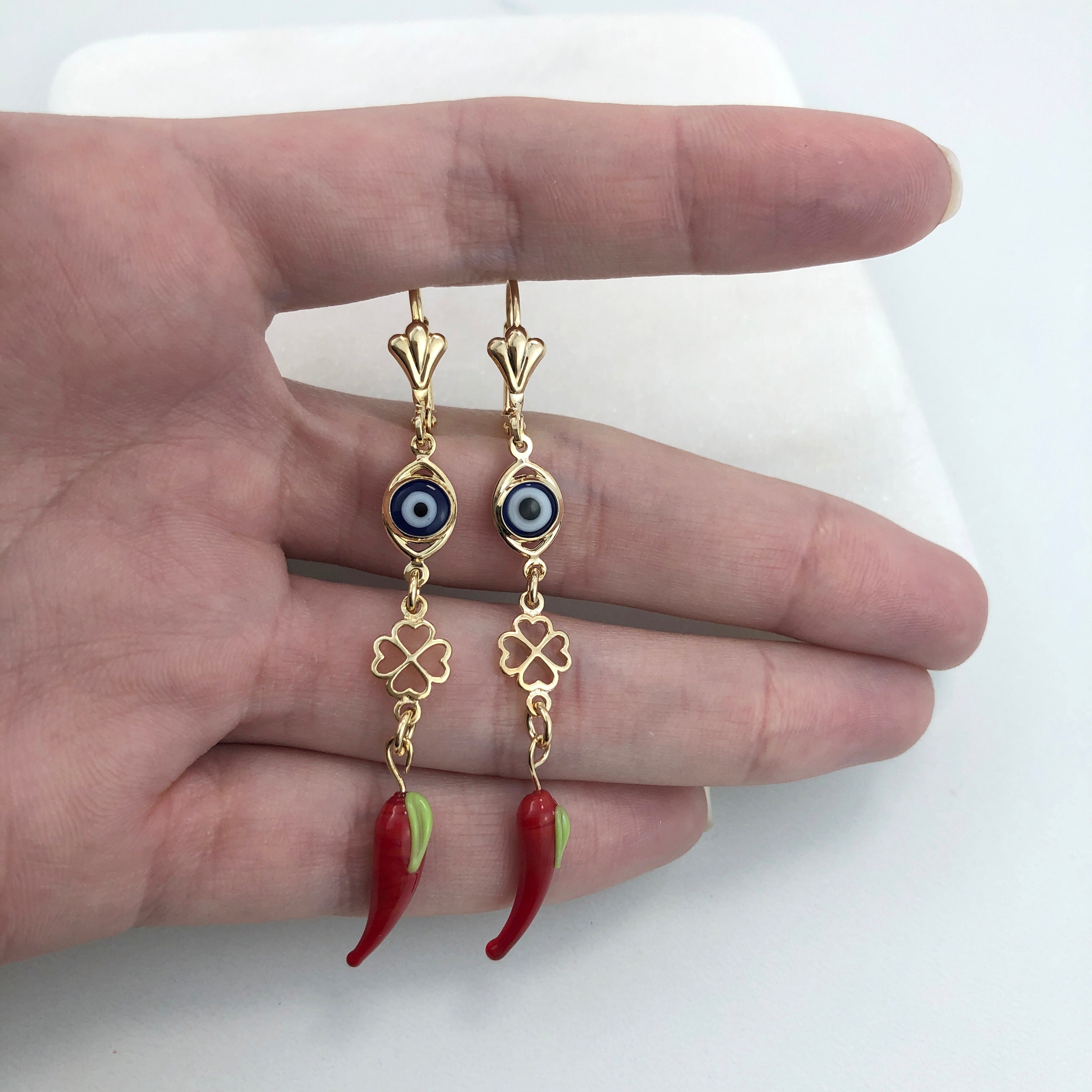 18K Gold Layered Oro Laminado White & Red Rhinestone with White Enamel Elephant In TearDrop Dangle Earrings 21.0597/17