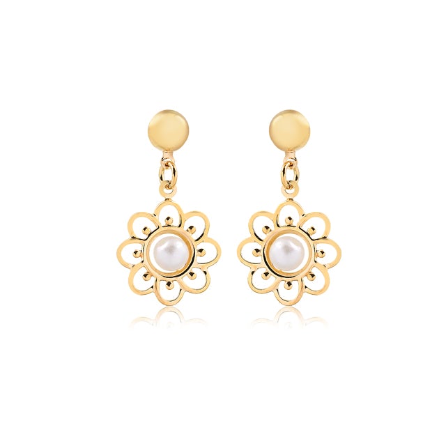 18K Gold Layered Oro Laminado Dangle with Cut Out Flower Shape and Pearl Earrings 21.0610/92