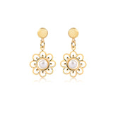 18K Gold Layered Oro Laminado Dangle with Cut Out Flower Shape and Pearl Earrings 21.0610/92