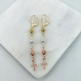 18K Gold Layered Oro Laminado Tri-Tone Cut-Out Balls Dangle Earrings With Cross Drop 21.0620