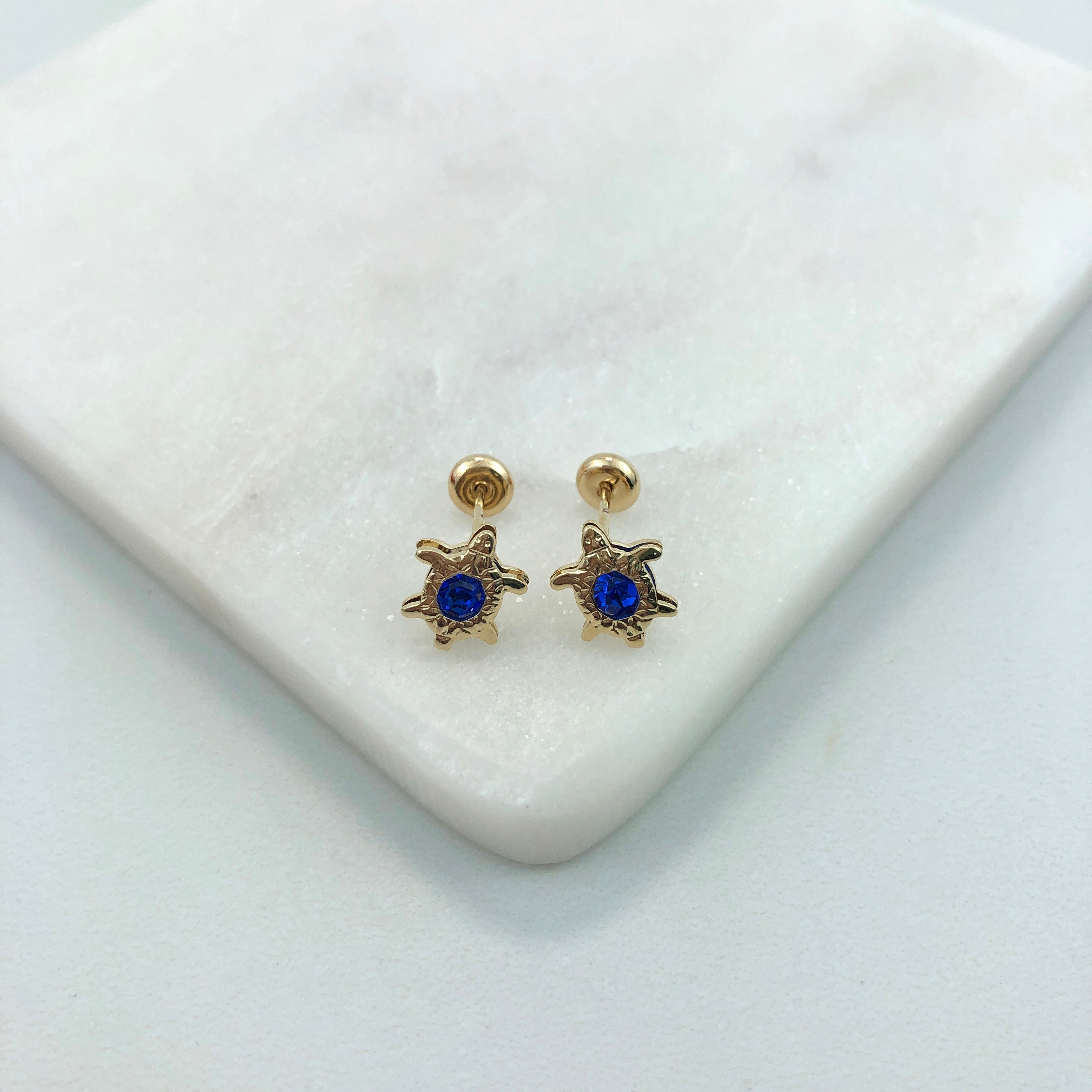 18K Gold Layered Oro Laminado Blue Rhinestone Turtle Design Plugs Kids Earrings Wholesale 21.0633/27