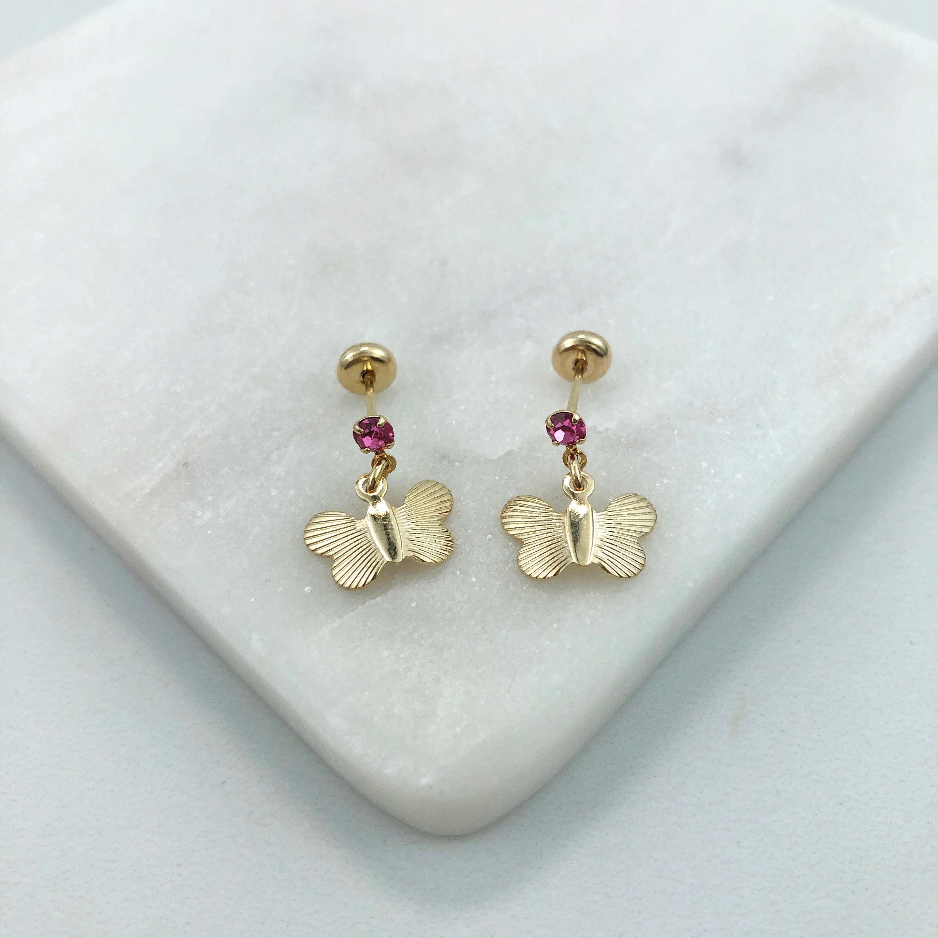 18K Gold Layered Oro Laminado Pink Cubic Zirconia Butterfly Design Plugs Kids Earrings Wholesale 21.0634/7