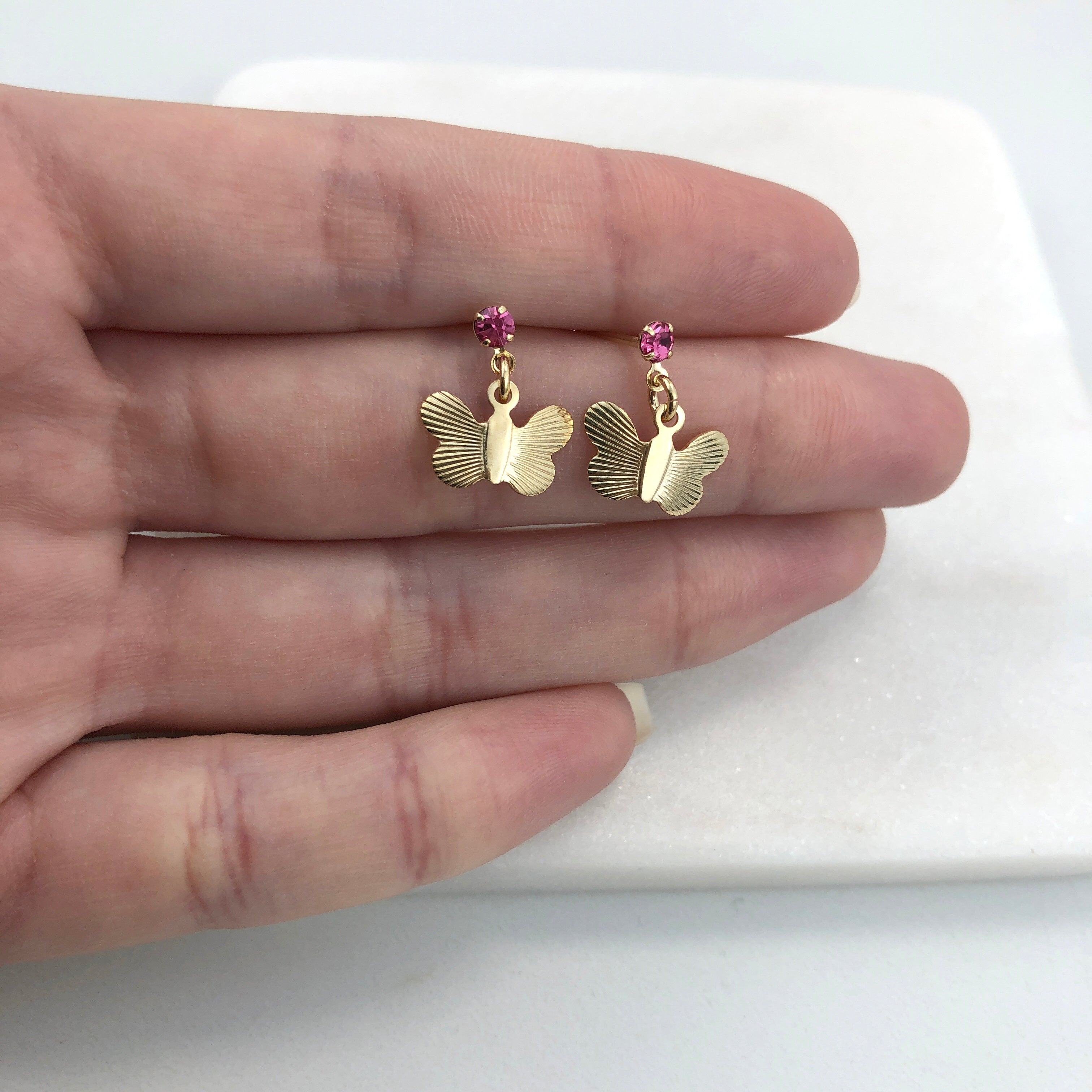 18K Gold Layered Oro Laminado Pink Cubic Zirconia Butterfly Design Plugs Kids Earrings Wholesale 21.0634/7