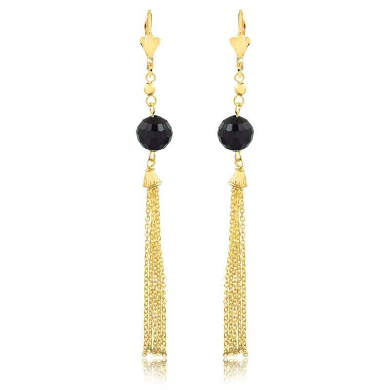 18K Gold Layered Oro Laminado Black Rhinestone Tassel Dangle Earrings 21.0635/2