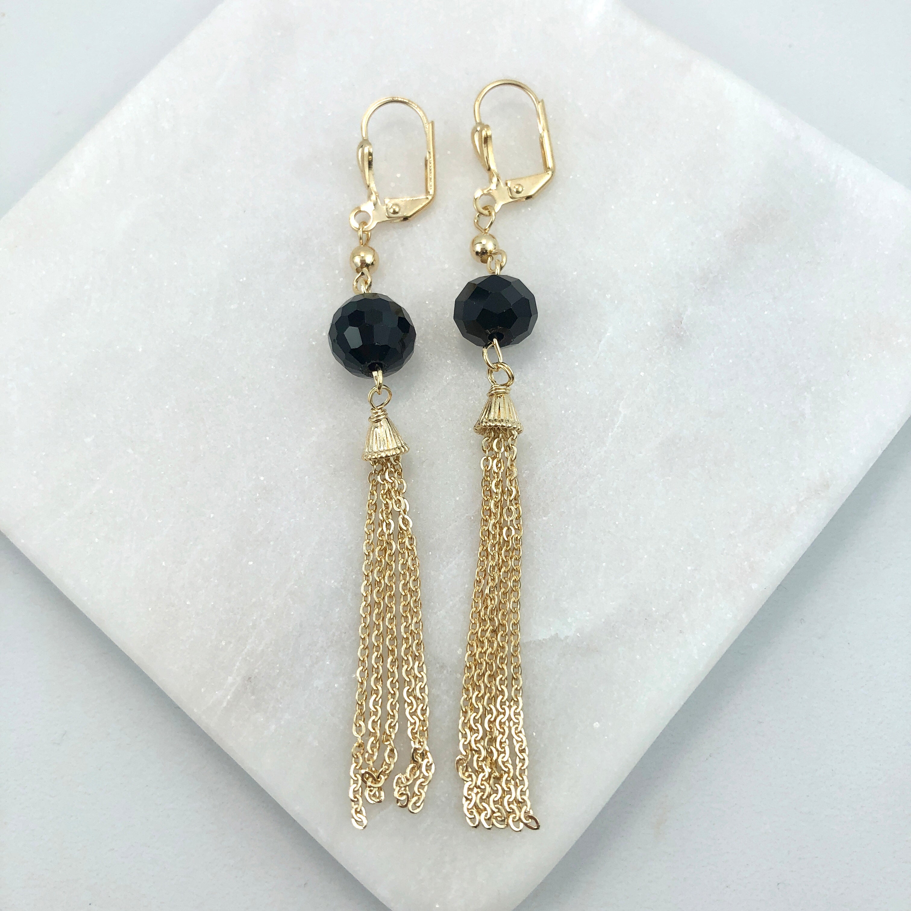 18K Gold Layered Oro Laminado Black Rhinestone Tassel Dangle Earrings 21.0635/2