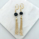 18K Gold Layered Oro Laminado Black Rhinestone Tassel Dangle Earrings 21.0635/2