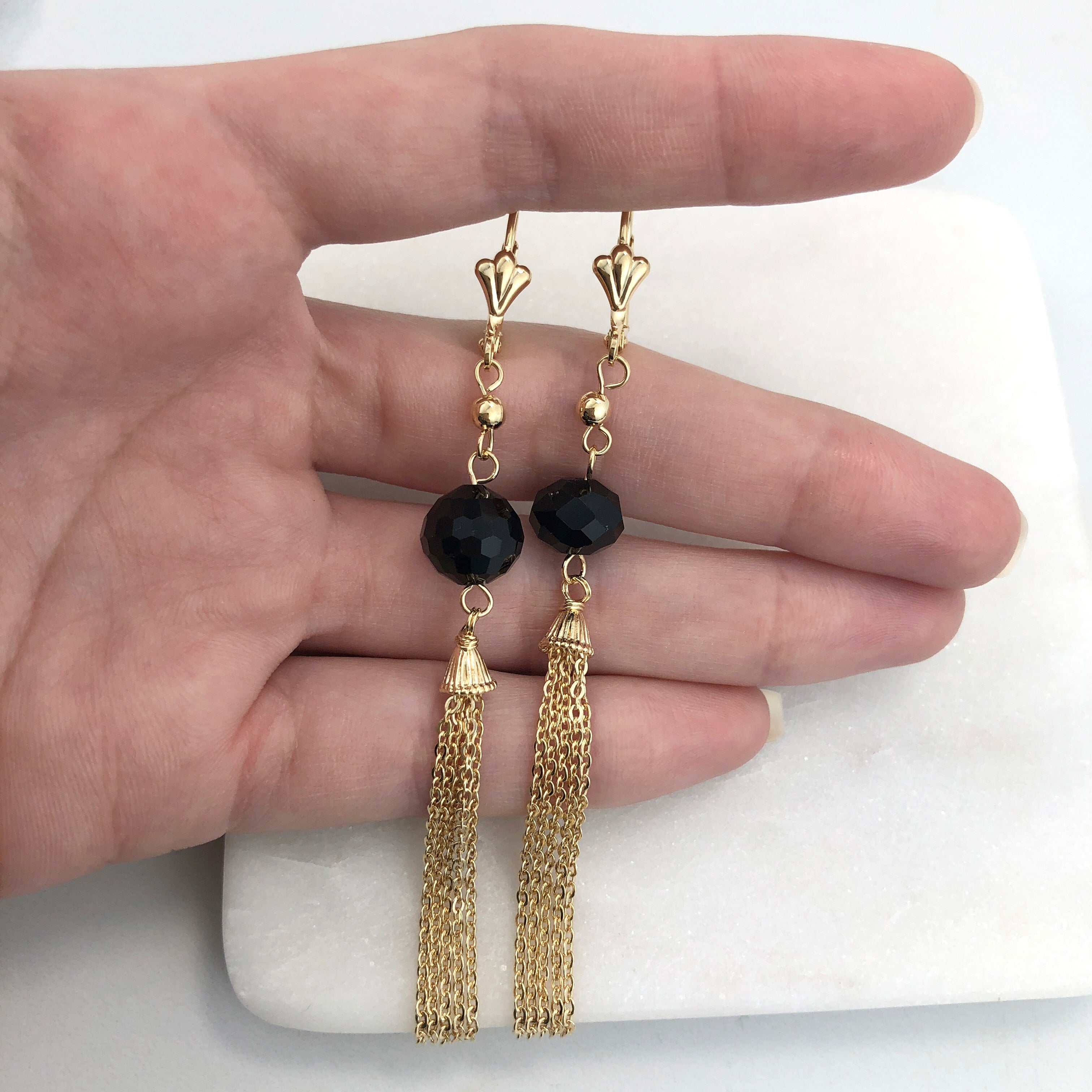 18K Gold Layered Oro Laminado Black Rhinestone Tassel Dangle Earrings 21.0635/2