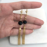 18K Gold Layered Oro Laminado Black Rhinestone Tassel Dangle Earrings 21.0635/2