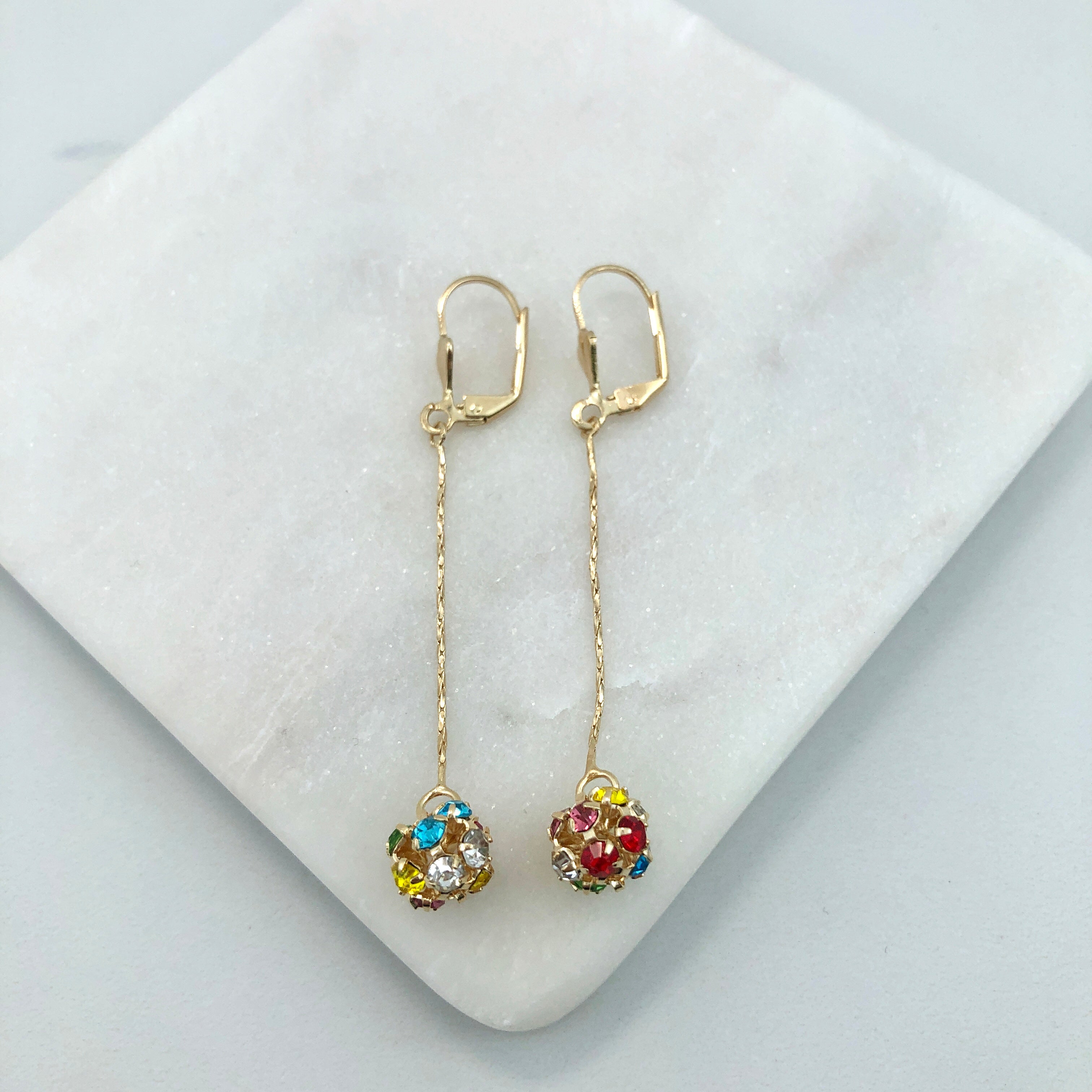 18K Gold Layered Oro Laminado CZ Fire Ball Drop Leverback Earrings Wholesale 21.1097/1/2/6/17/21/38/71