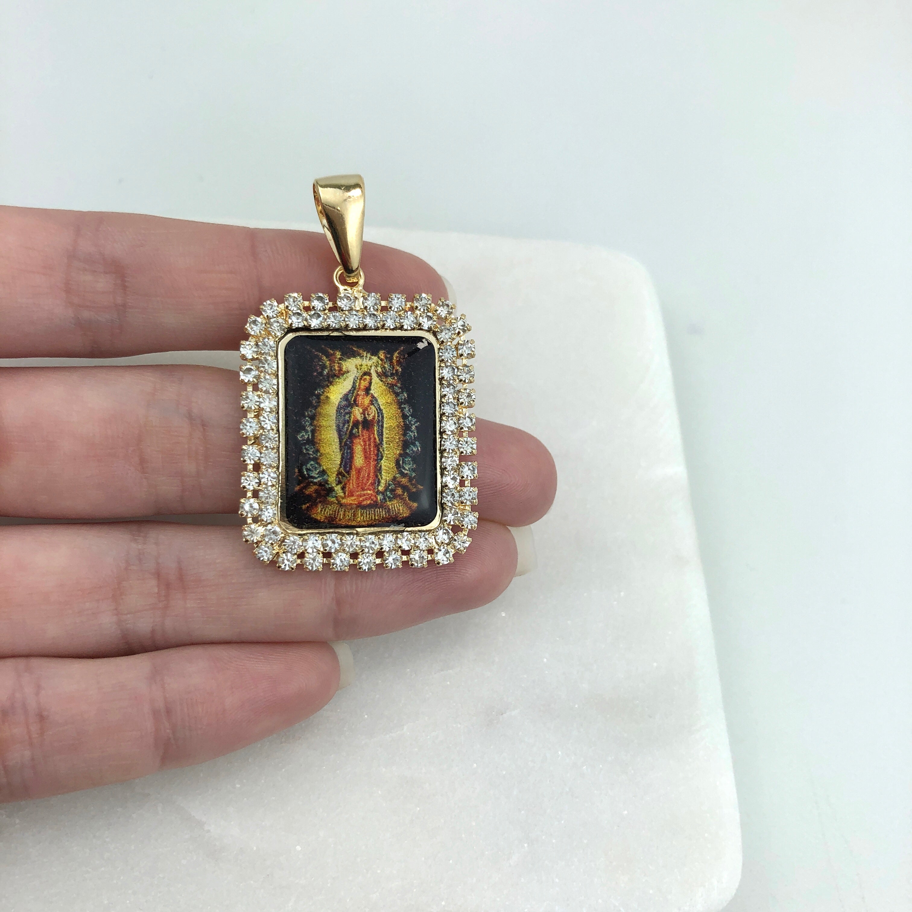 18K Gold Layered Oro Laminado Enamel Virgen de Guadalupe CZ Square Pendant 31.0001/17