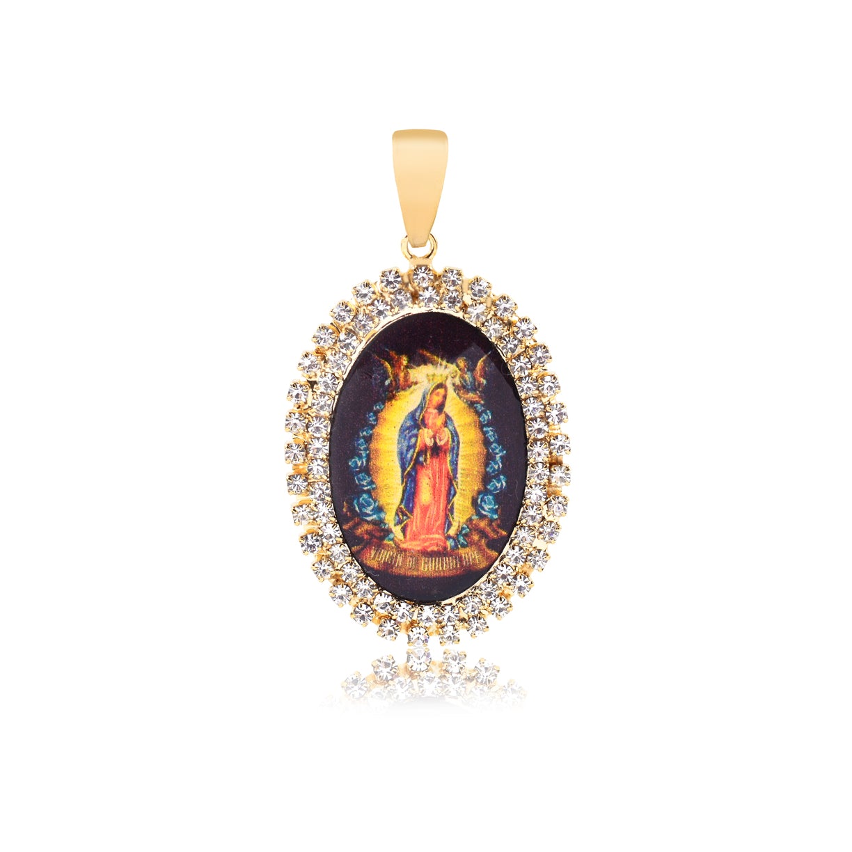 18K Gold Layered Oro Laminado Enamel Virgen de Guadalupe CZ Oval Pendant 31.0002/17