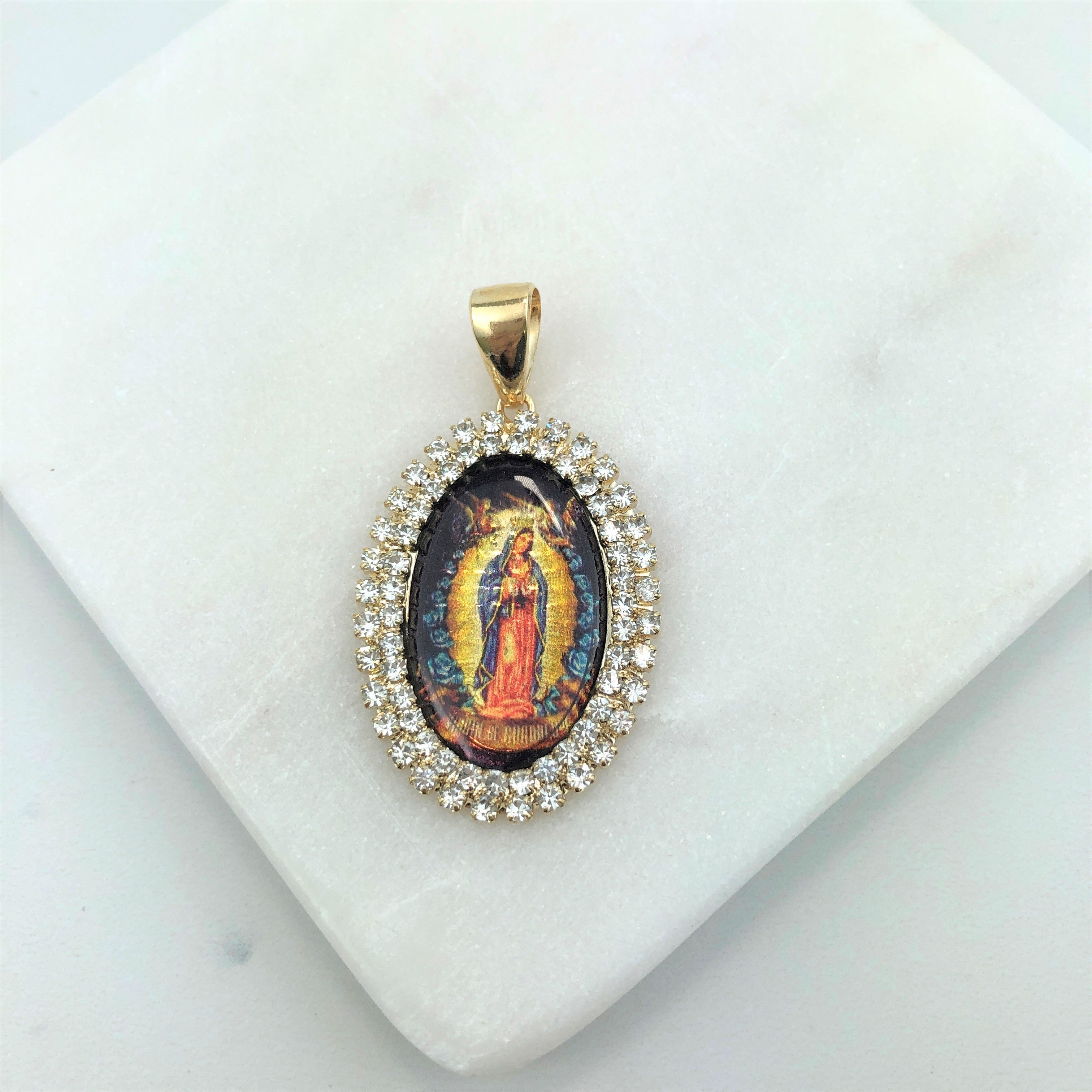 18K Gold Layered Oro Laminado Enamel Virgen de Guadalupe CZ Oval Pendant 31.0002/17