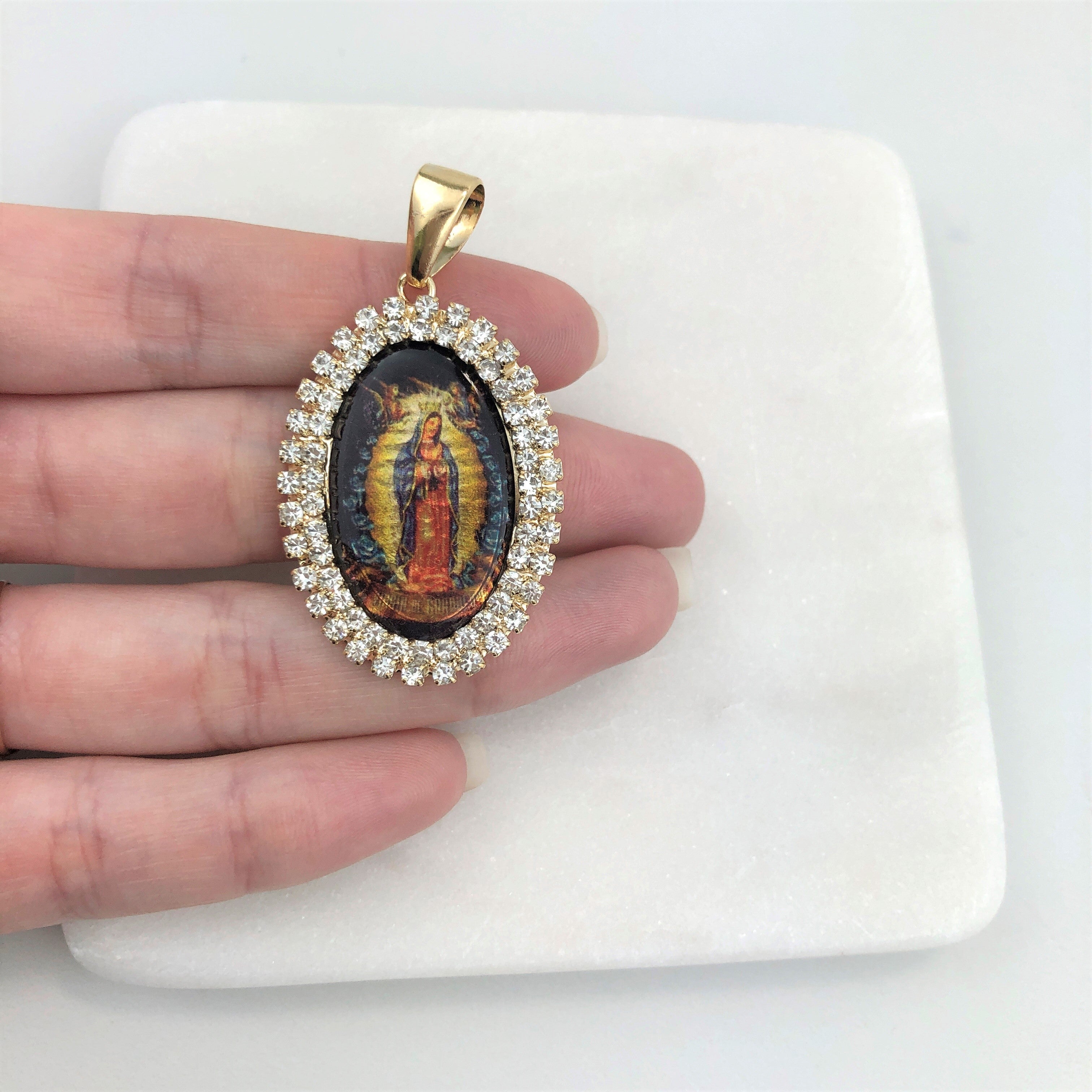 18K Gold Layered Oro Laminado Enamel Virgen de Guadalupe CZ Oval Pendant 31.0002/17