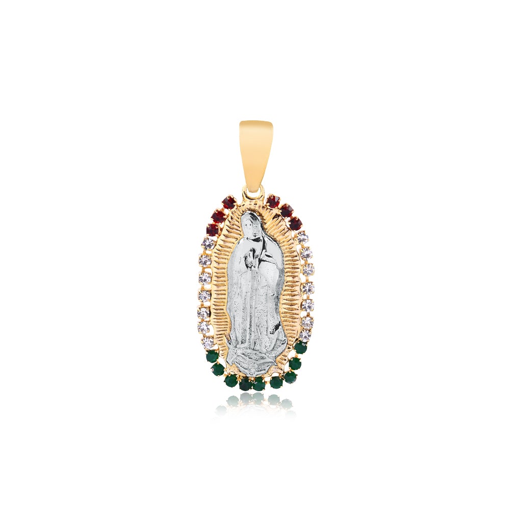 18K Gold Layered Oro Laminado Mexican Color CZ Virgen de Guadalupe Two Tone Religious Pendant 31.0005/17