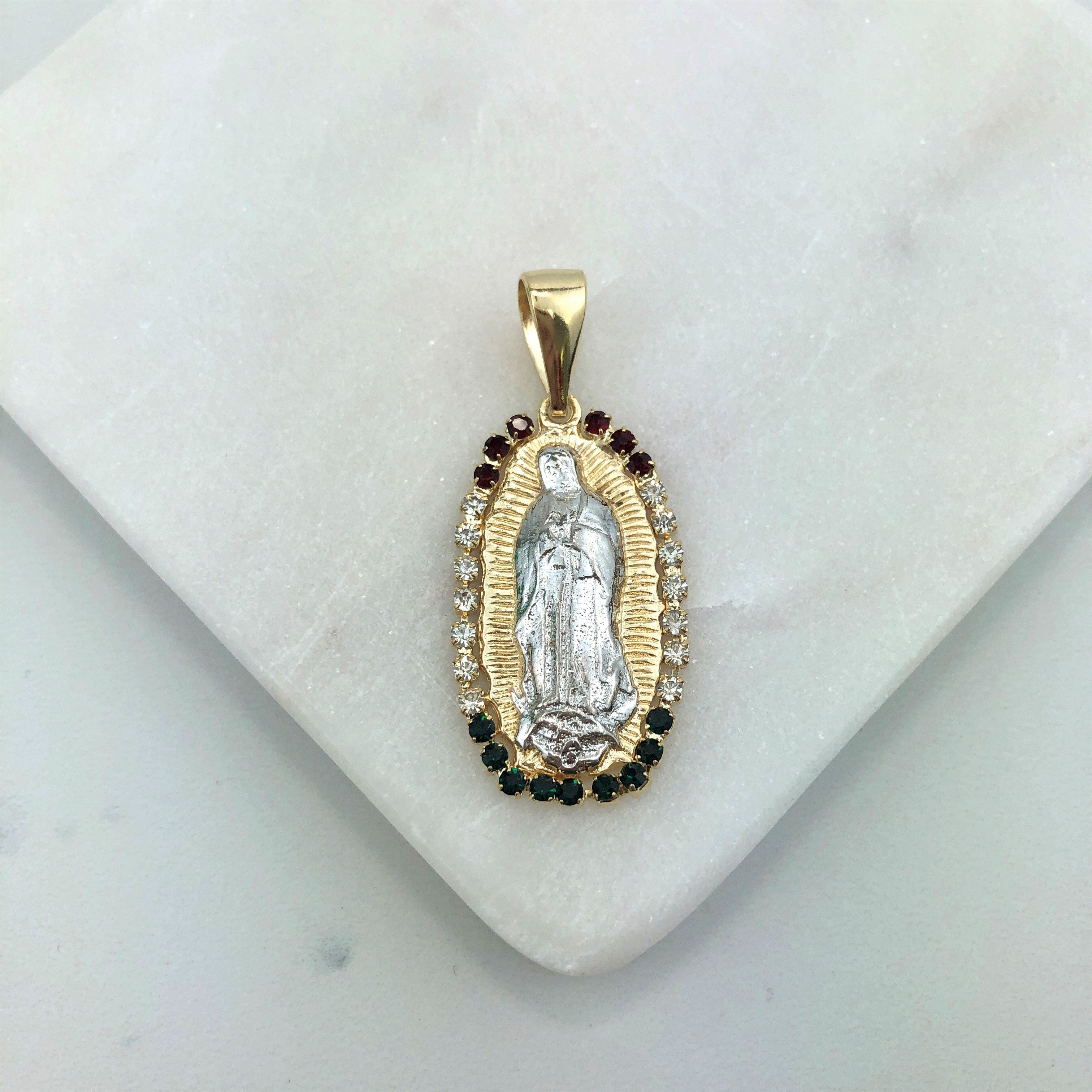 18K Gold Layered Oro Laminado Mexican Color CZ Virgen de Guadalupe Two Tone Religious Pendant 31.0005/17