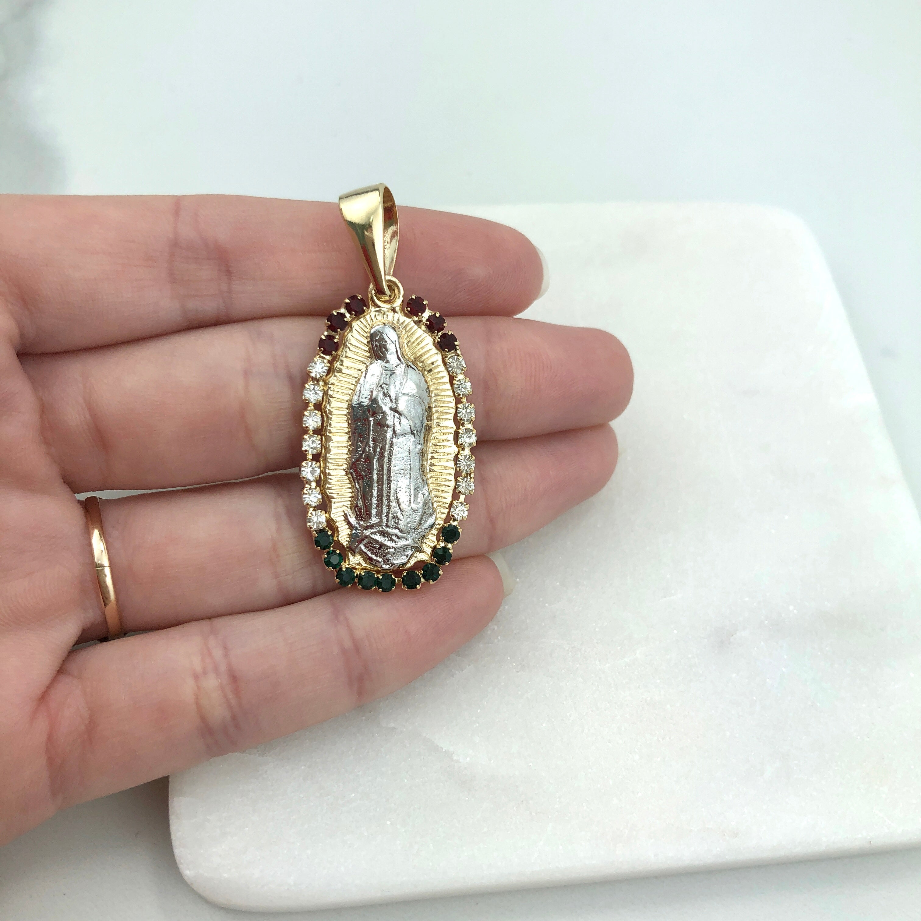 18K Gold Layered Oro Laminado Mexican Color CZ Virgen de Guadalupe Two Tone Religious Pendant 31.0005/17