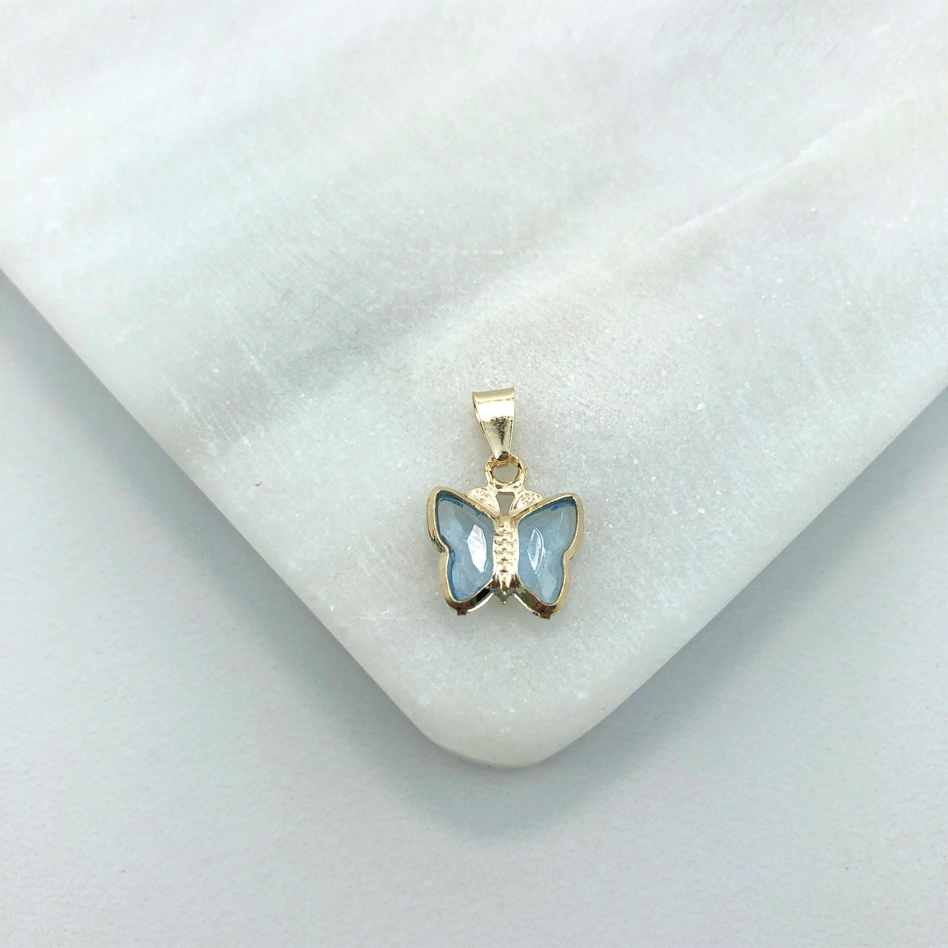 18K Gold Layered Oro Laminado Blue Rhinestone Butterfly Shape Kids Pendant Wholesale 31.0007/6