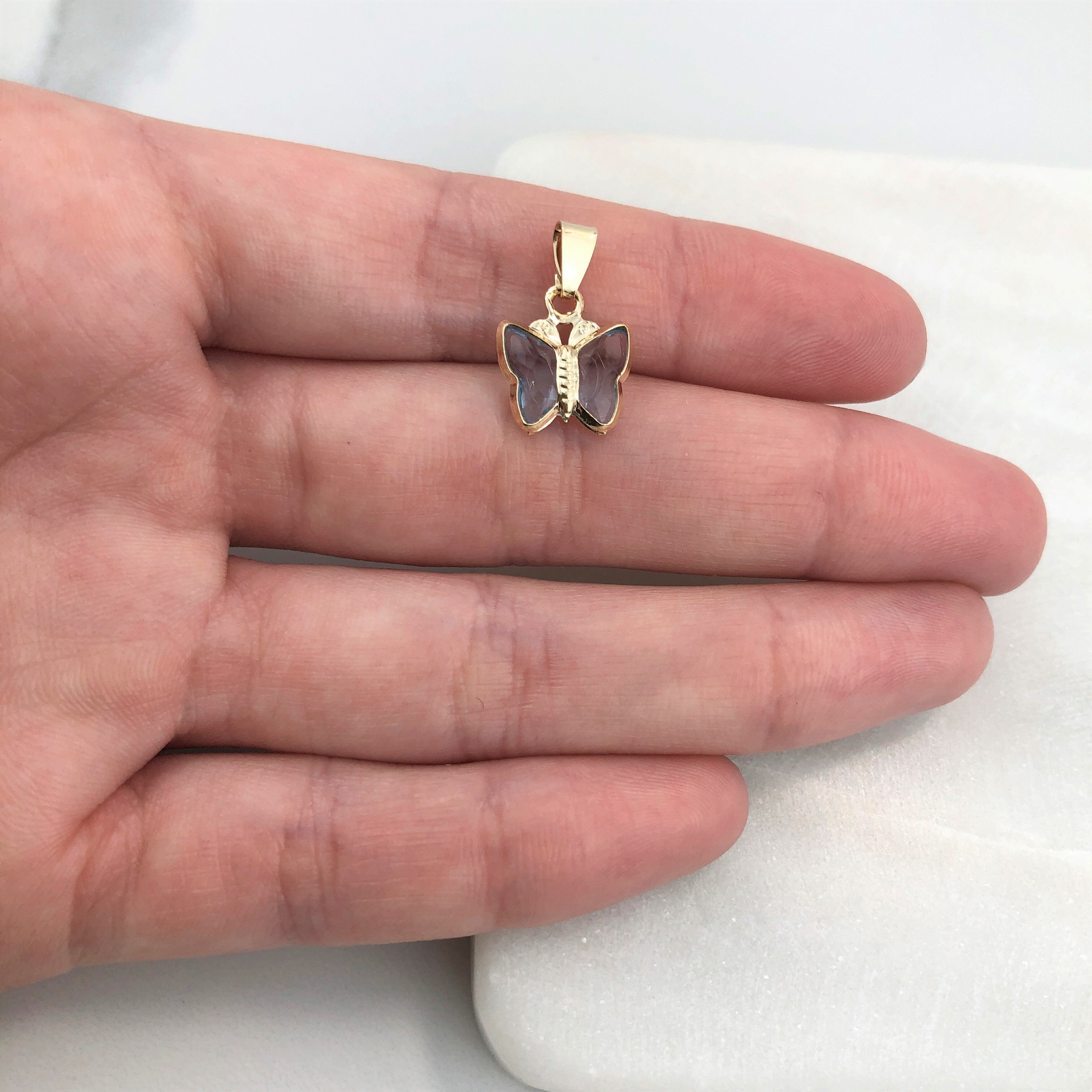 18K Gold Layered Oro Laminado Blue Rhinestone Butterfly Shape Kids Pendant Wholesale 31.0007/6