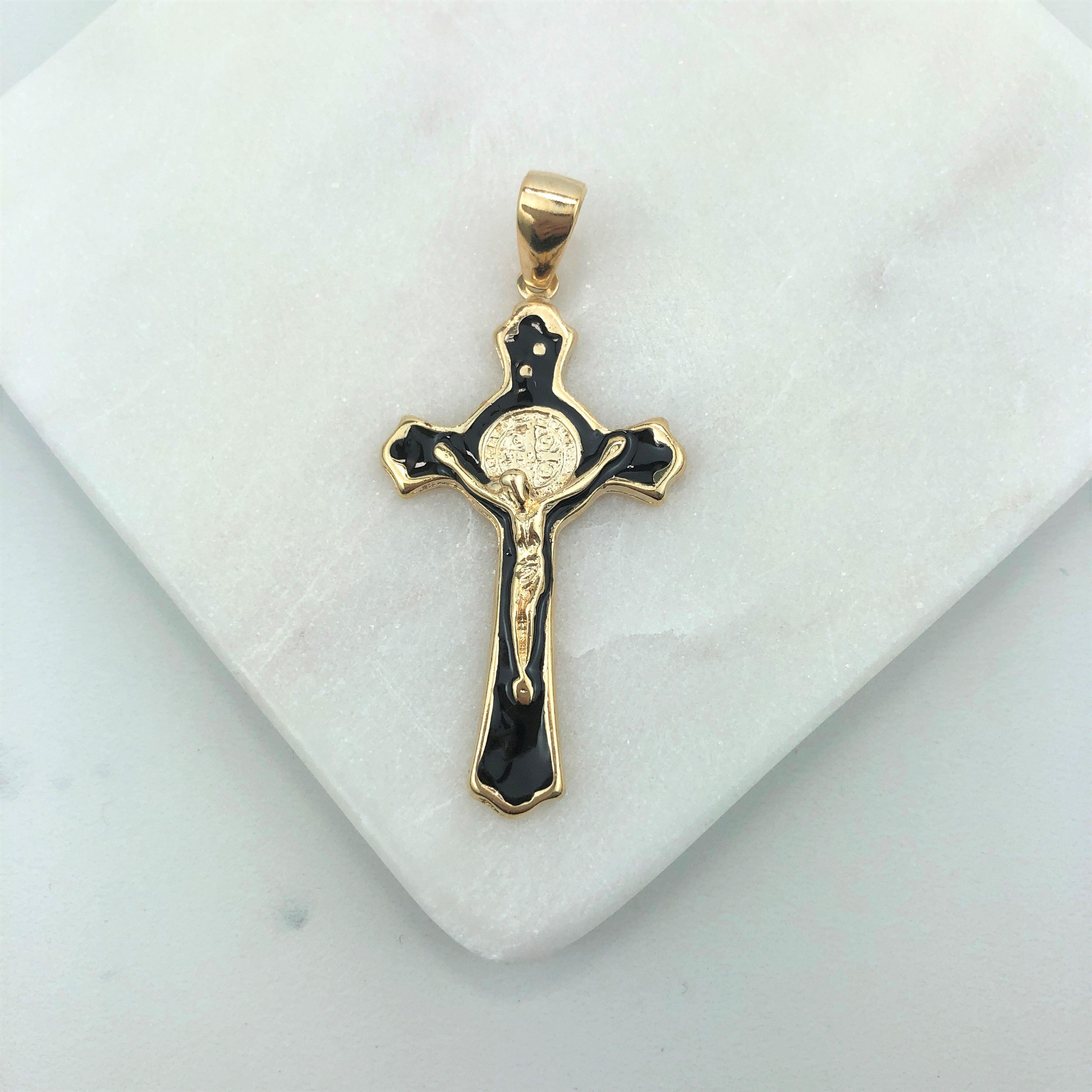 18K Gold Layered Oro Laminado Black Enamel Jesus Cross Design Religious Pendant 31.0012/2