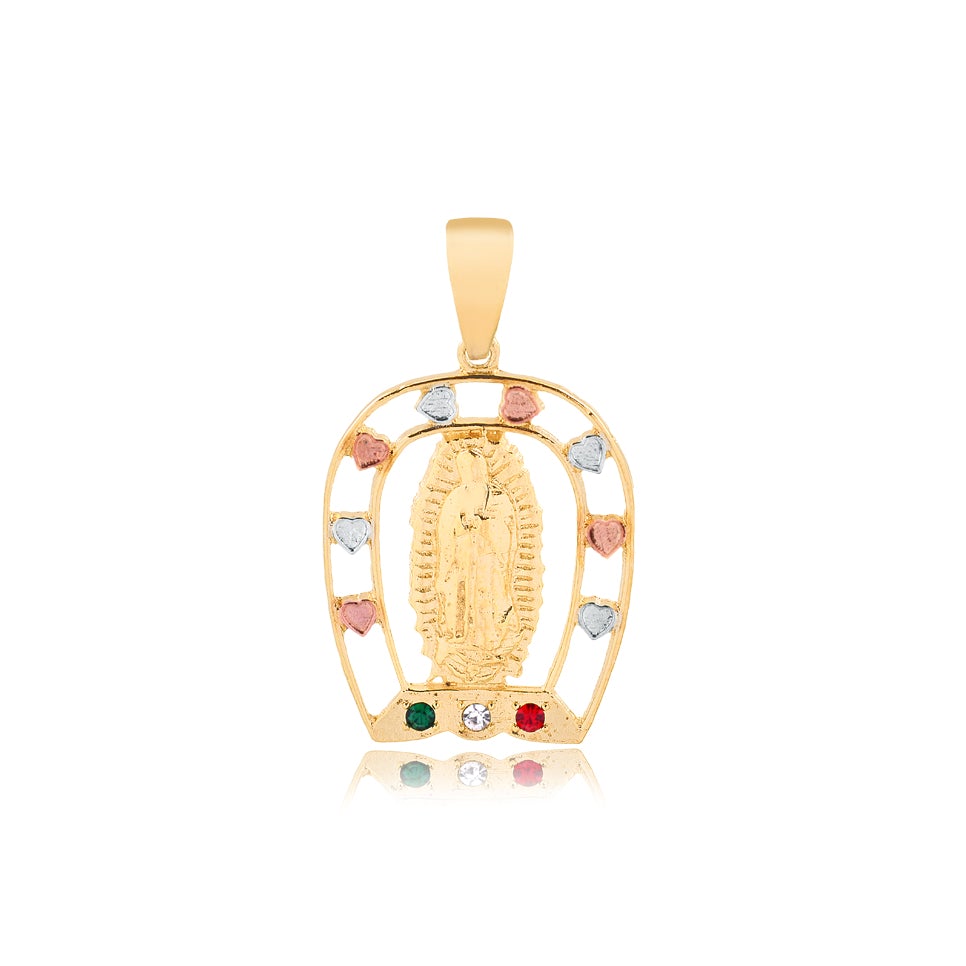 18K Gold Layered Oro Laminado Tri-Tone Hearts & CZ Our Lady of Guadalupe Pendant 31.0013/17