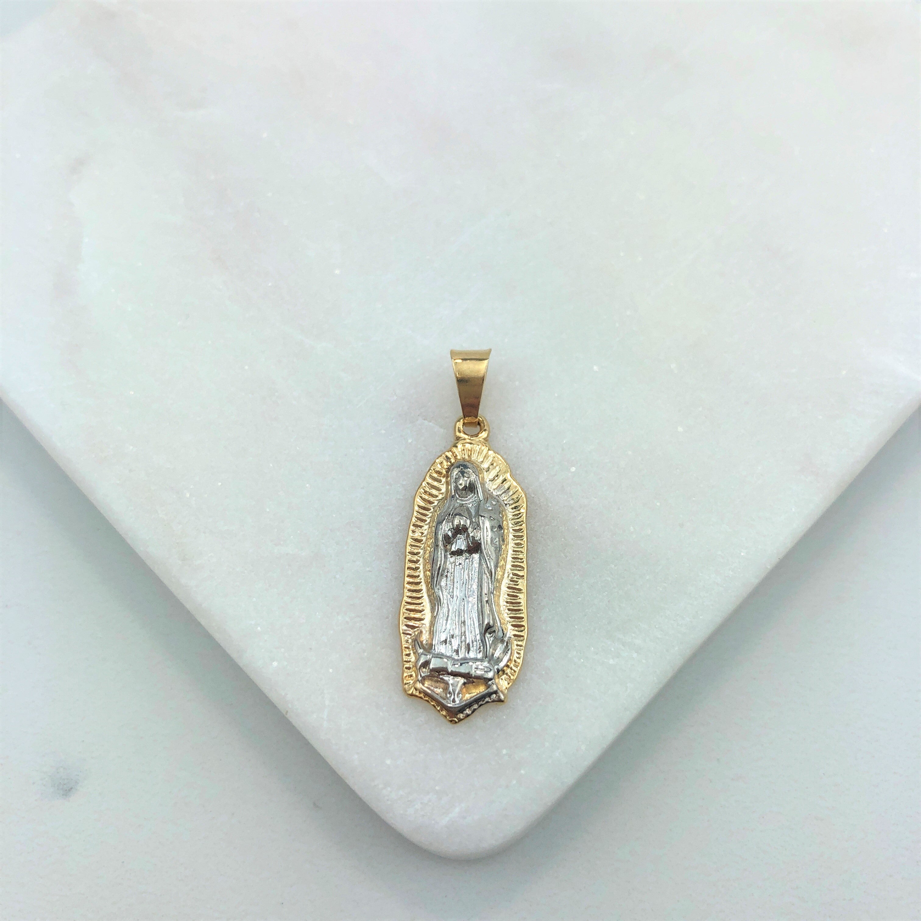 18K Gold Layered Oro Laminado Two Tone Texturized Our Lady of Guadalupe Religious Medal Pendant 31.0022