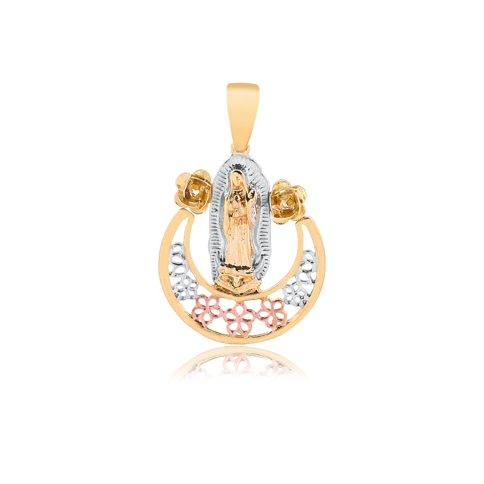 18K Gold Layered Oro Laminado Tri-Tone Our Lady of Guadalupe With Flower Religious Pendant 31.0024