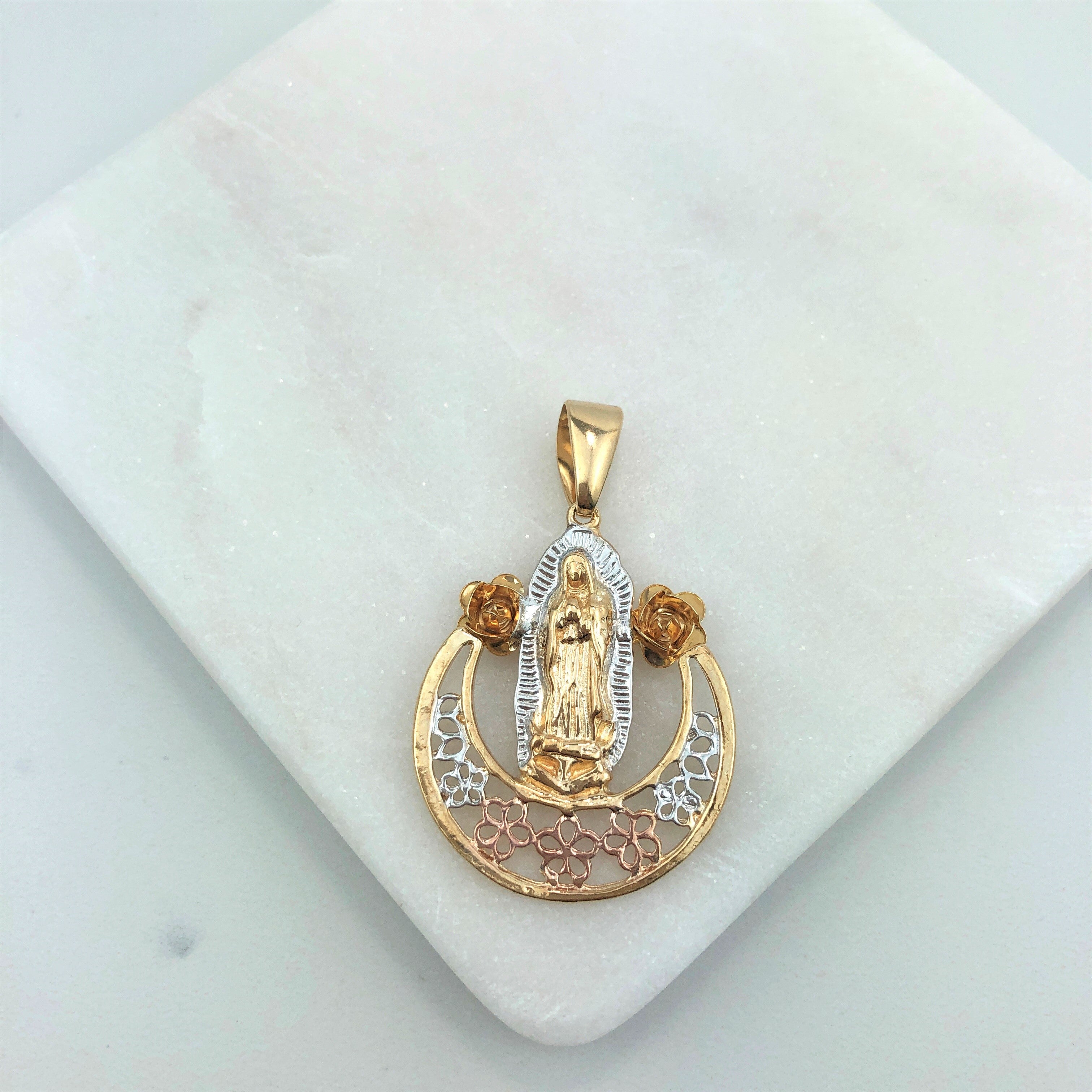 18K Gold Layered Oro Laminado Tri-Tone Our Lady of Guadalupe With Flower Religious Pendant 31.0024
