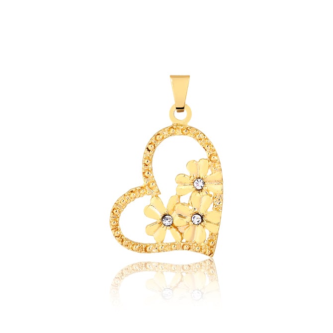 18K Gold Layered Oro Laminado Clear CZ Center In Flower Design Inside of A Heart Shape Pendant 31.0035/1
