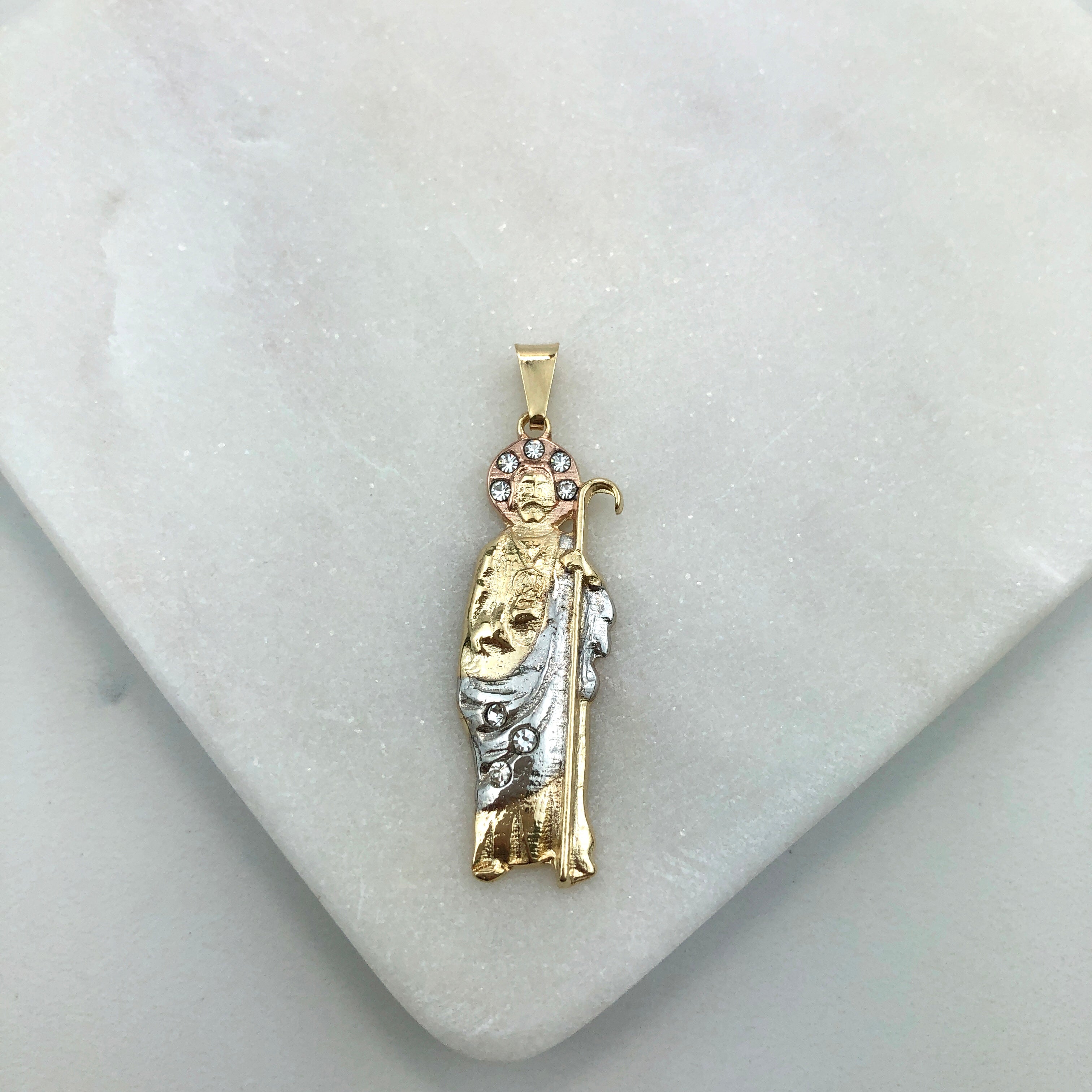 18K Gold Layered Oro Laminado Clear CZ Tri-Tone Saint Judas Pendant 31.0037/1