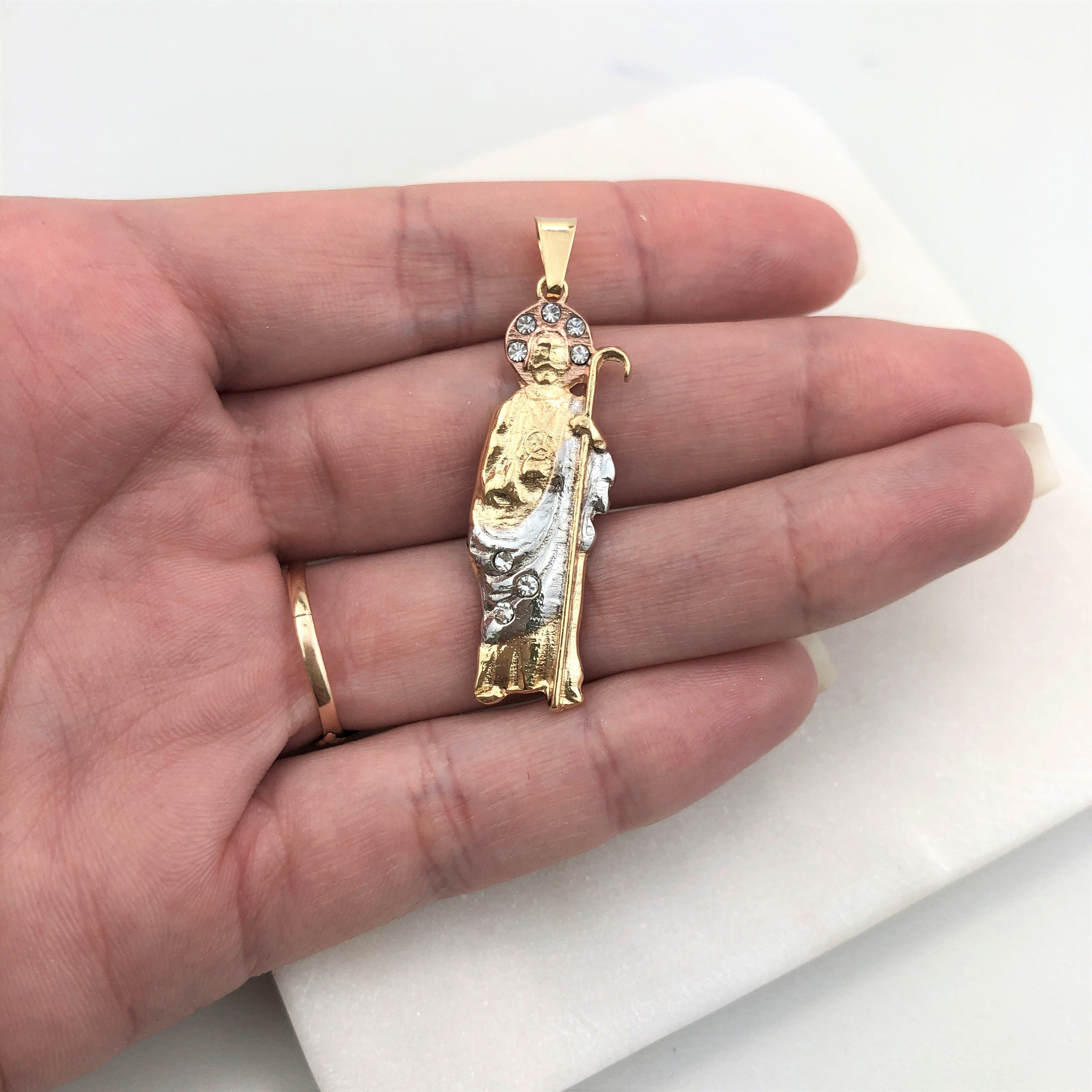 18K Gold Layered Oro Laminado Clear CZ Tri-Tone Saint Judas Pendant 31.0037/1