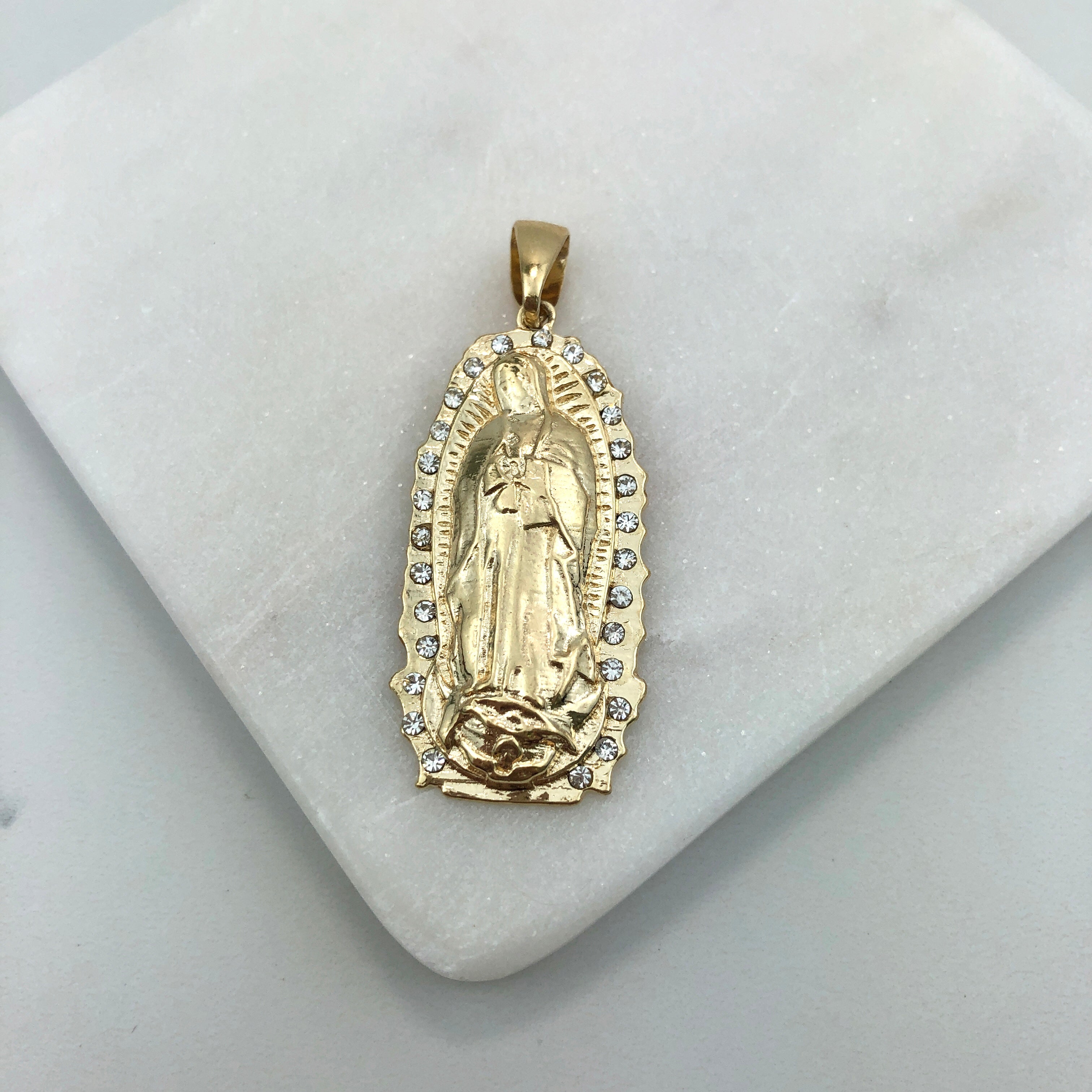18K Gold Layered Oro Laminado 56mm Clear CZ Our Lady of Guadalupe Medal Pendant 31.0052/1
