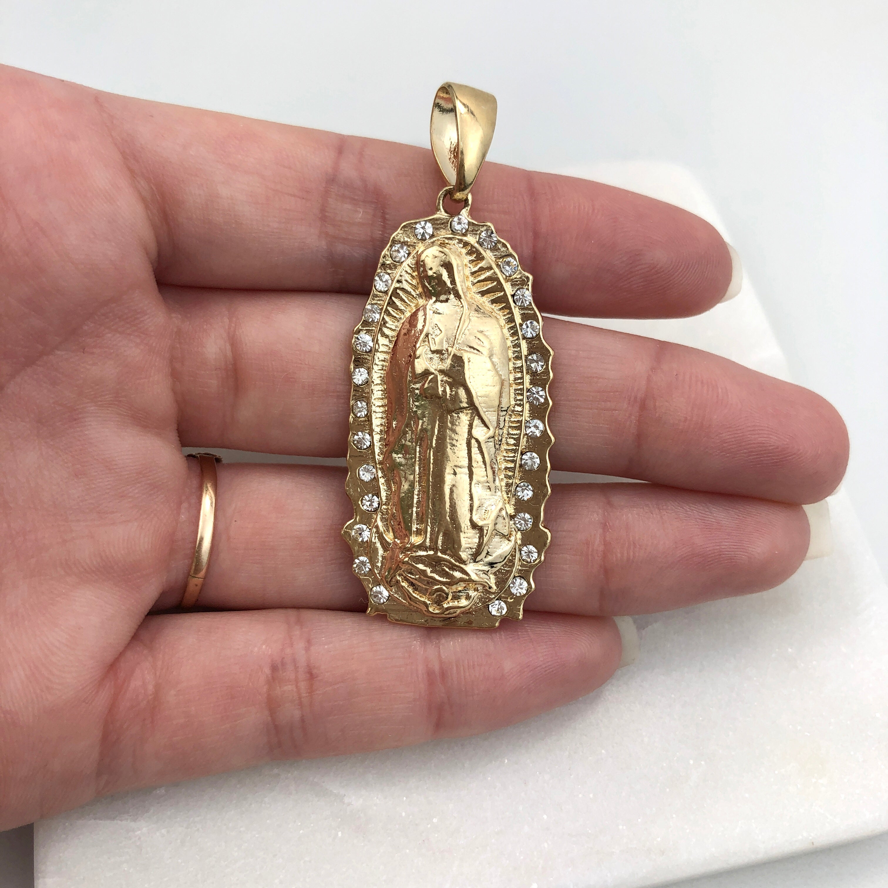 18K Gold Layered Oro Laminado 56mm Clear CZ Our Lady of Guadalupe Medal Pendant 31.0052/1