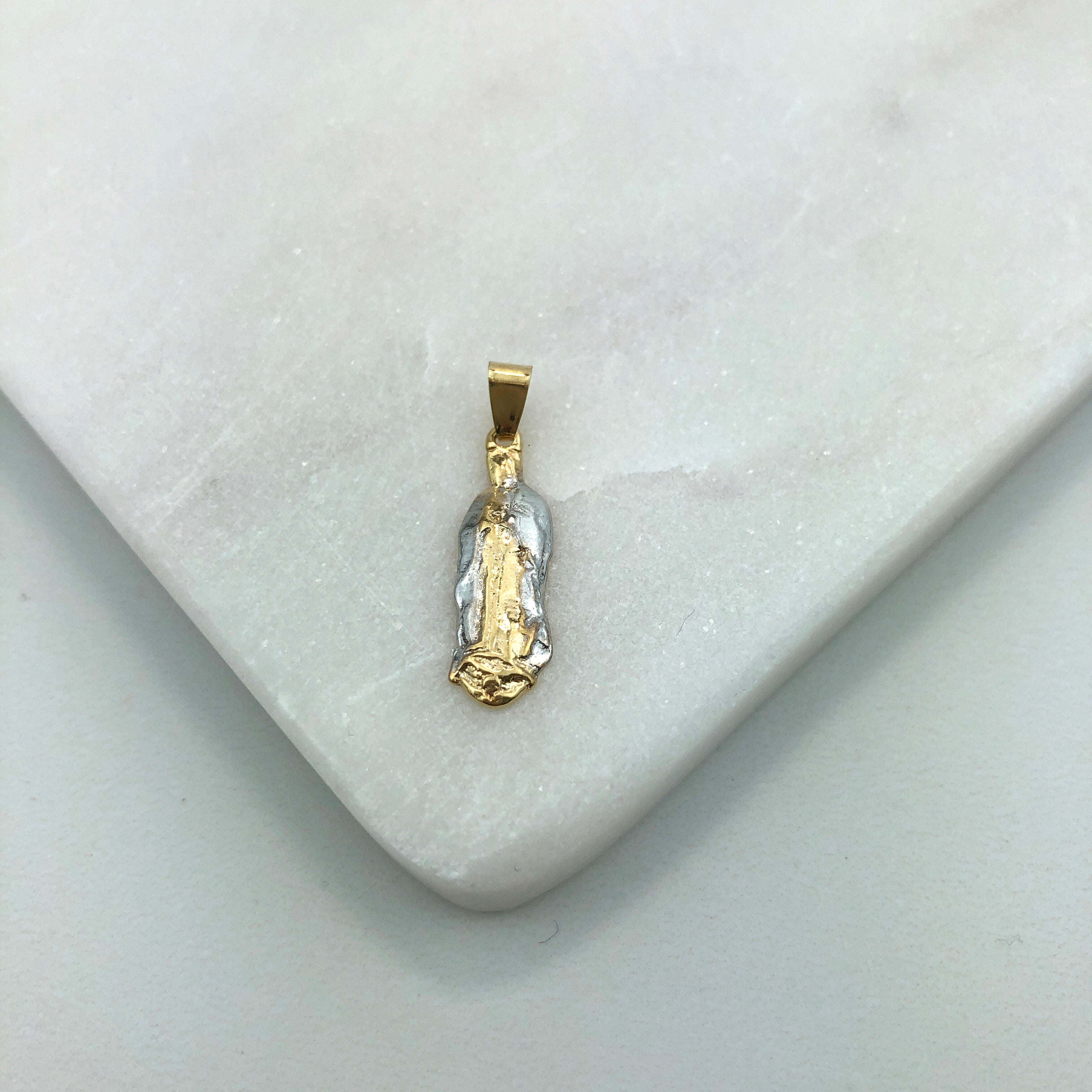 18K Gold Layered Oro Laminado Two Tone Our Lady of Guadalupe (Bulto) Religious Pendant 31.0055