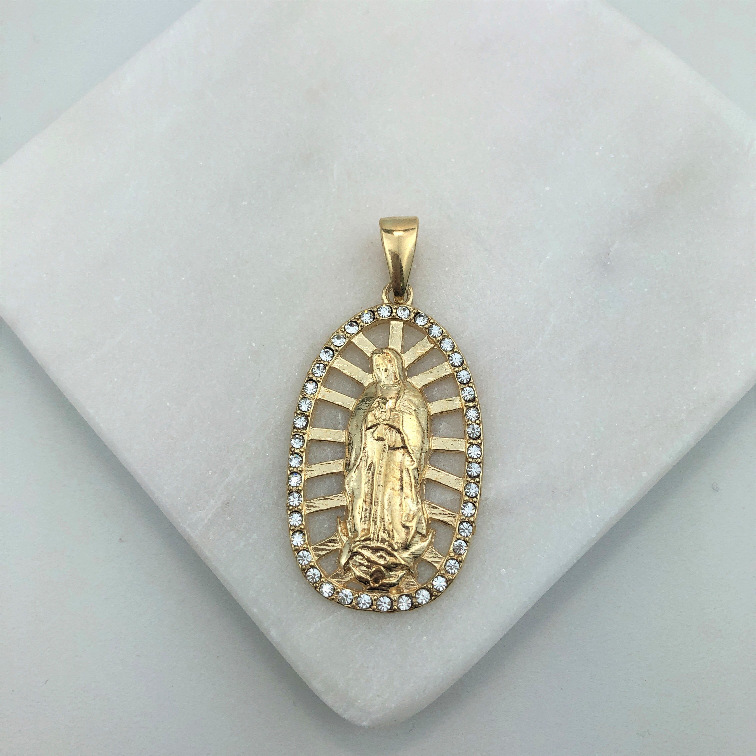 18K Gold Layered Oro Laminado Clear CZ Cut Out Our Lady of Guadalupe Medal Pendant 31.0061/1