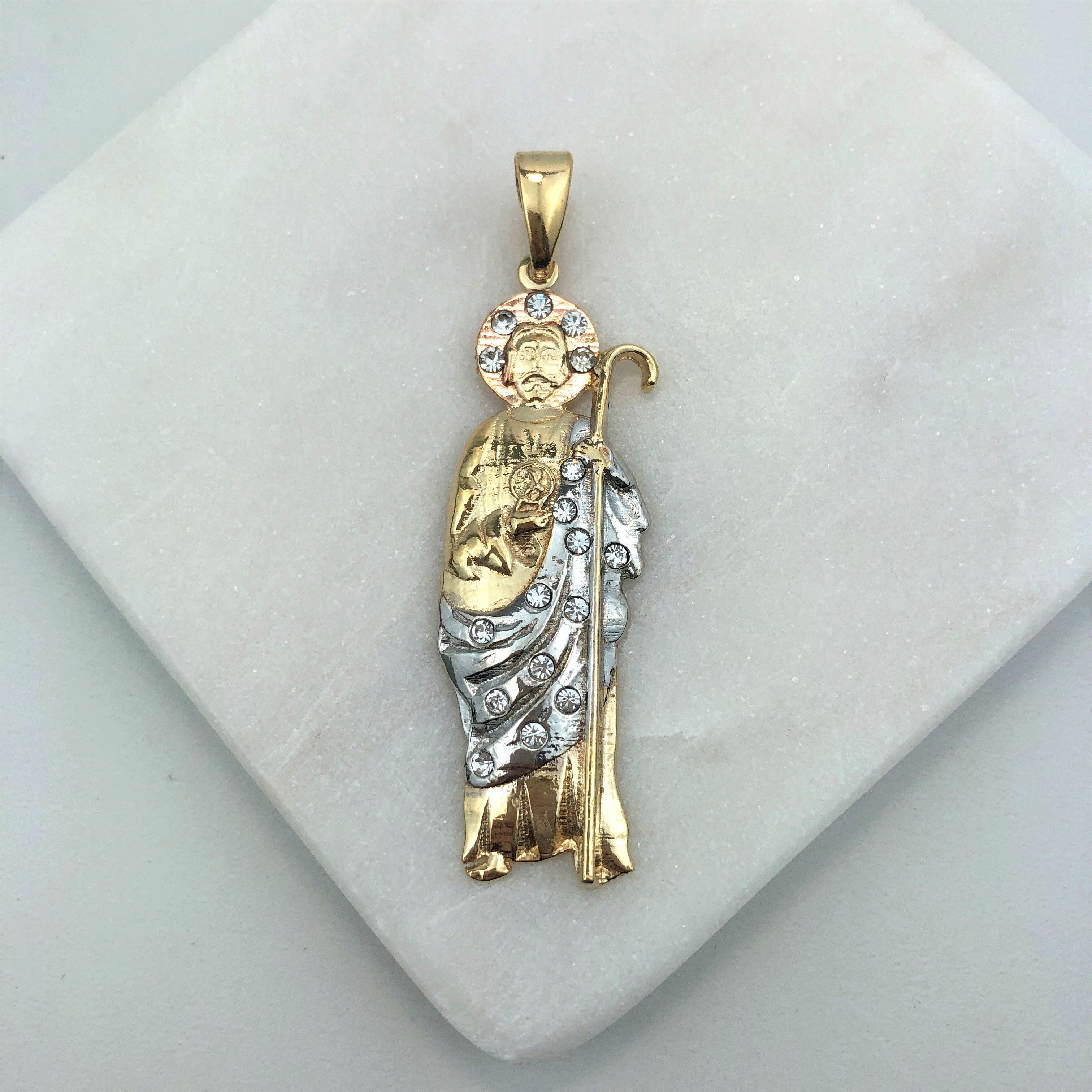 18K Gold Layered Oro Laminado Tri-Tone Clear CZ 70 mm Saint Judas Pendant 31.0064/1
