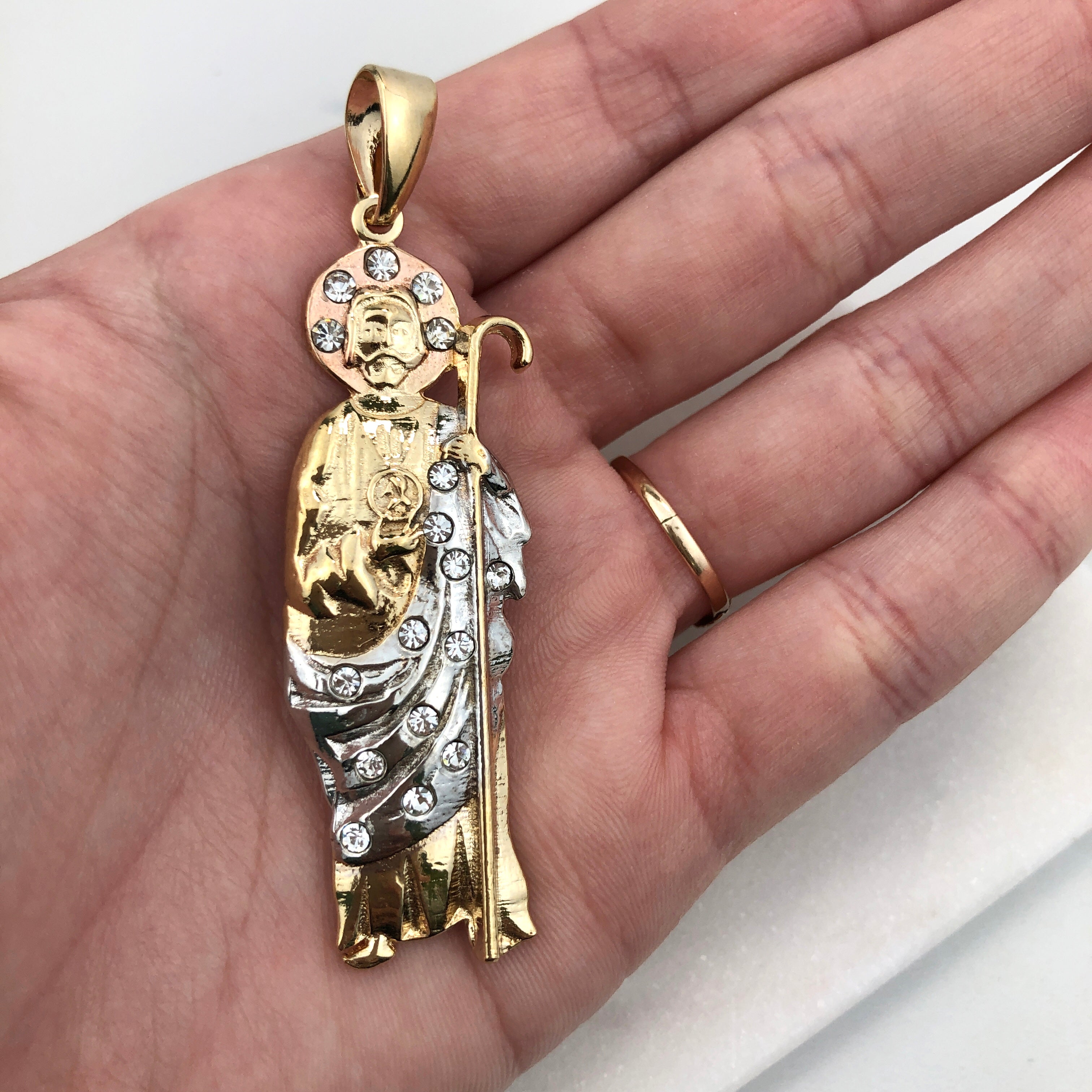 18K Gold Layered Oro Laminado Tri-Tone Clear CZ 70 mm Saint Judas Pendant 31.0064/1