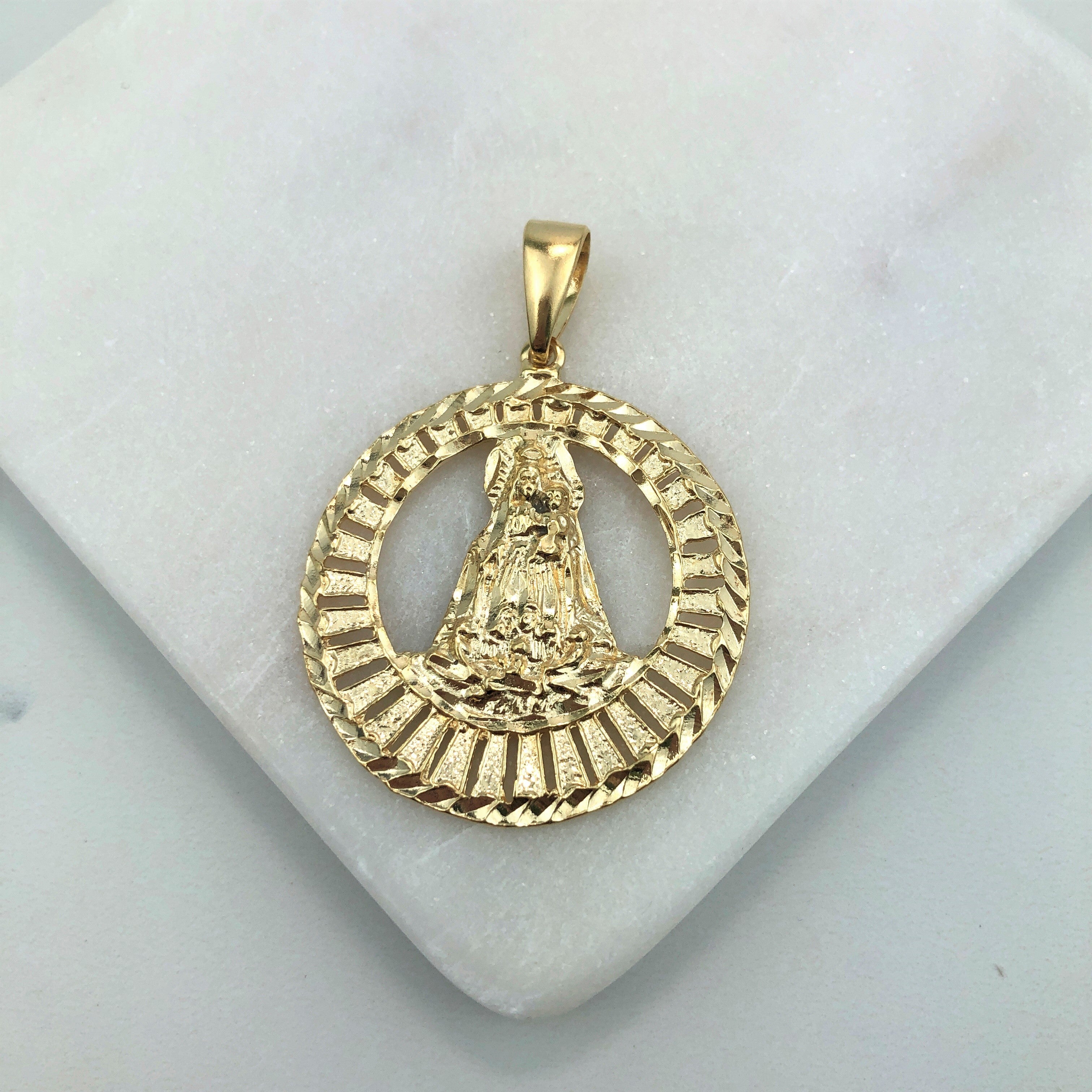 18K Gold Layered Oro Laminado Diamond Cut Finish of Our Lady of Charity Medal Pendant 31.0074