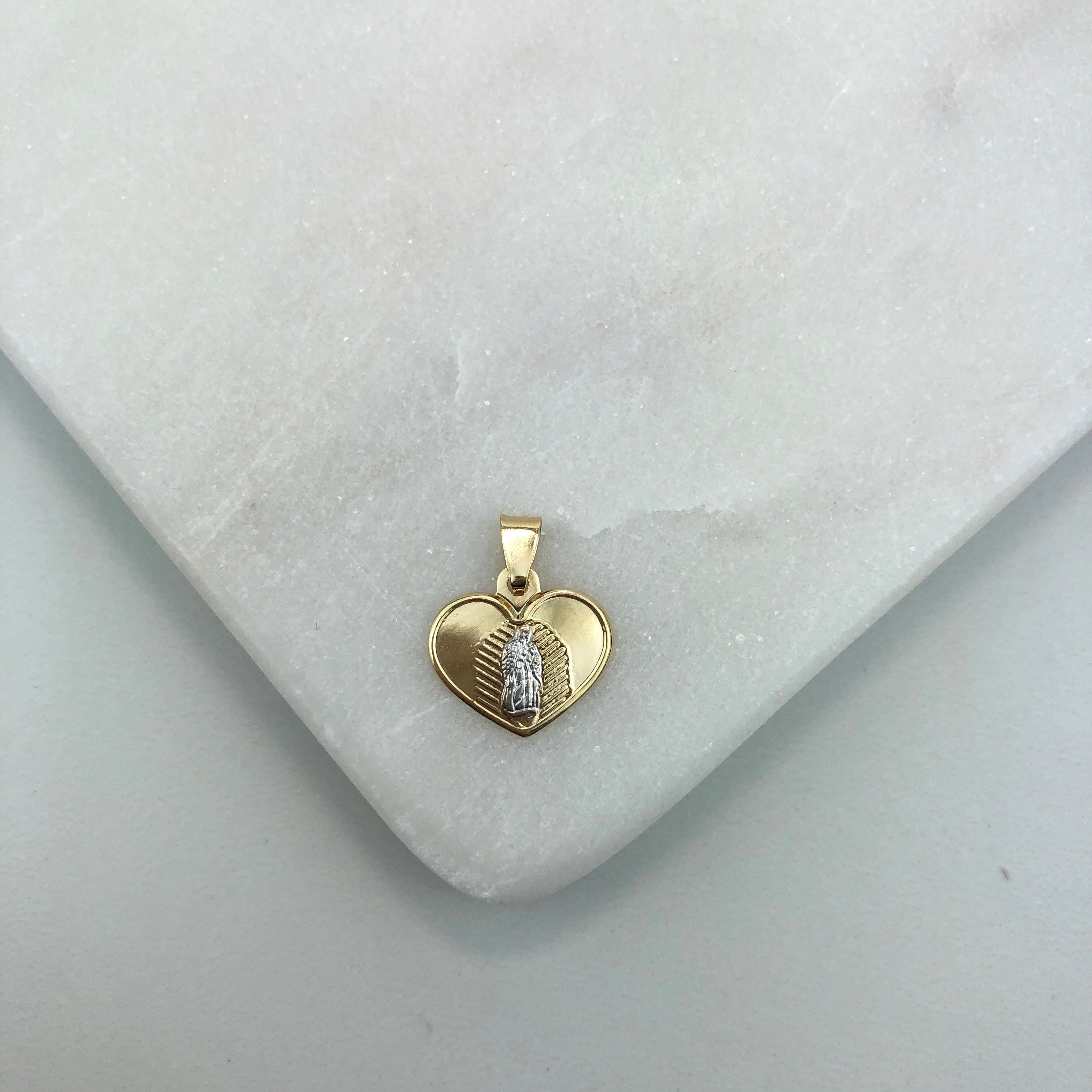 18K Gold Layered Oro Laminado Two Tone Heart Shape Our Lady of Guadalupe Pendant 31.0076