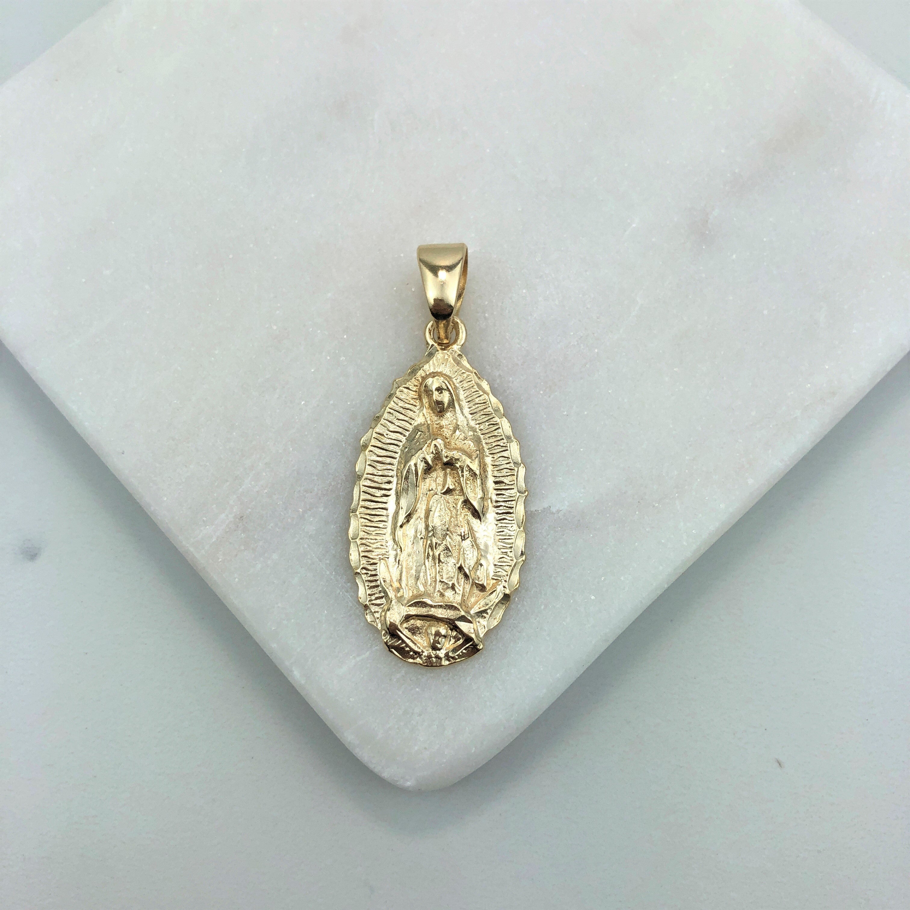 18K Gold Layered Oro Laminado Texturized Our Lady of Guadalupe Medal Pendant 31.0077