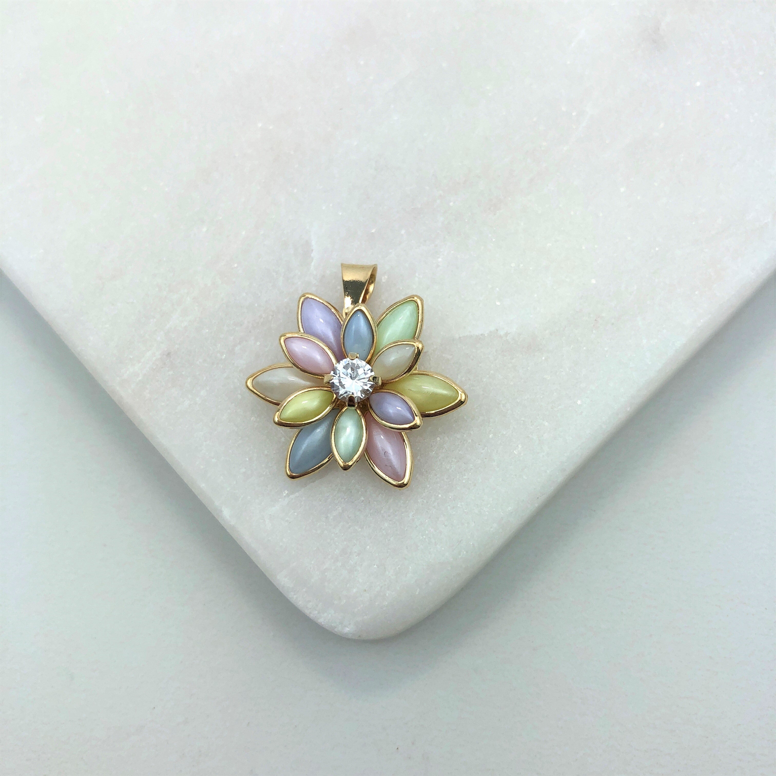 18K Gold Layered Oro Laminado Clear CZ  With Multicolor Marquese Pendant Flower Design 31.0086/30