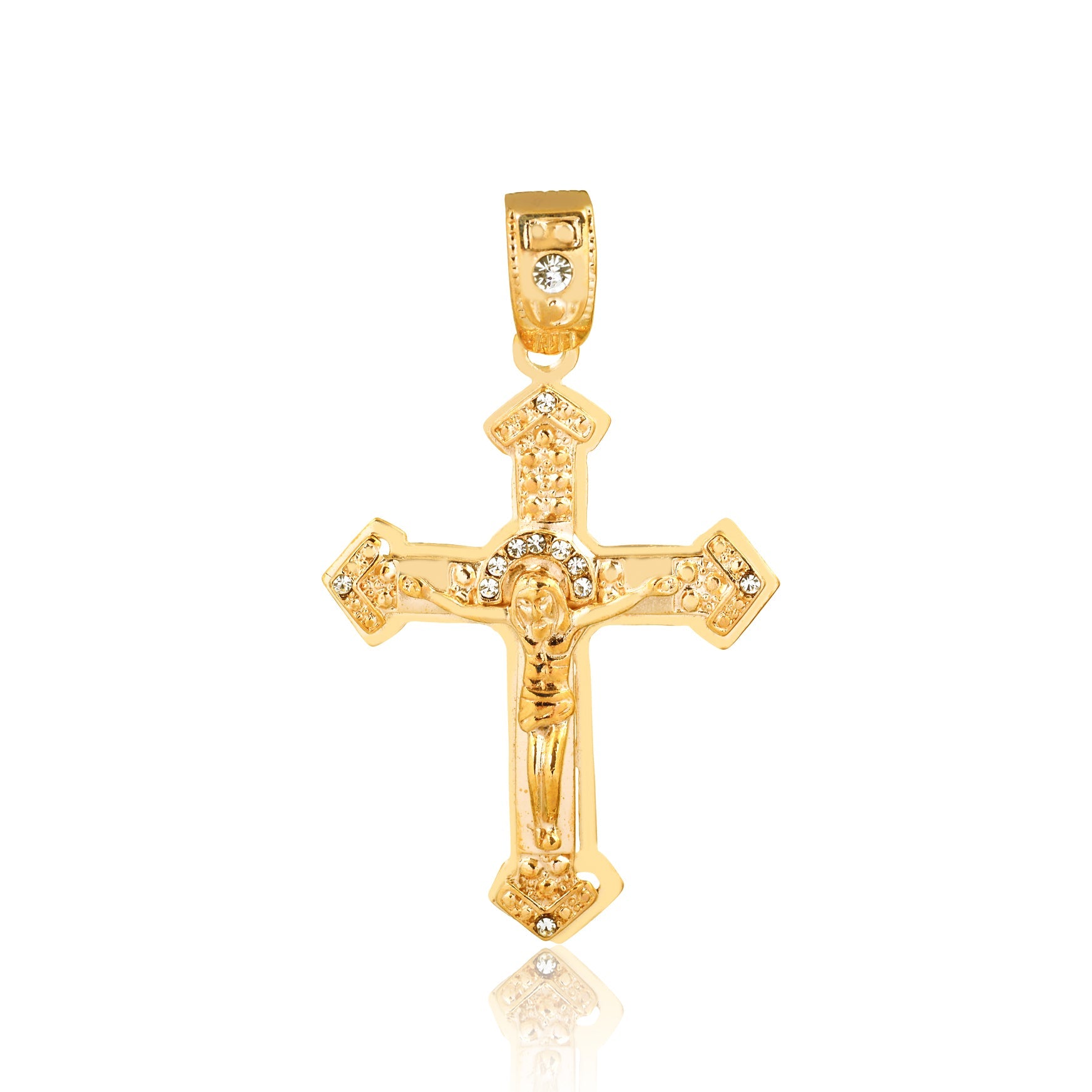 18K Gold Layered Oro Laminado Clear CZ Jesus Cross Pendant 31.0087/1