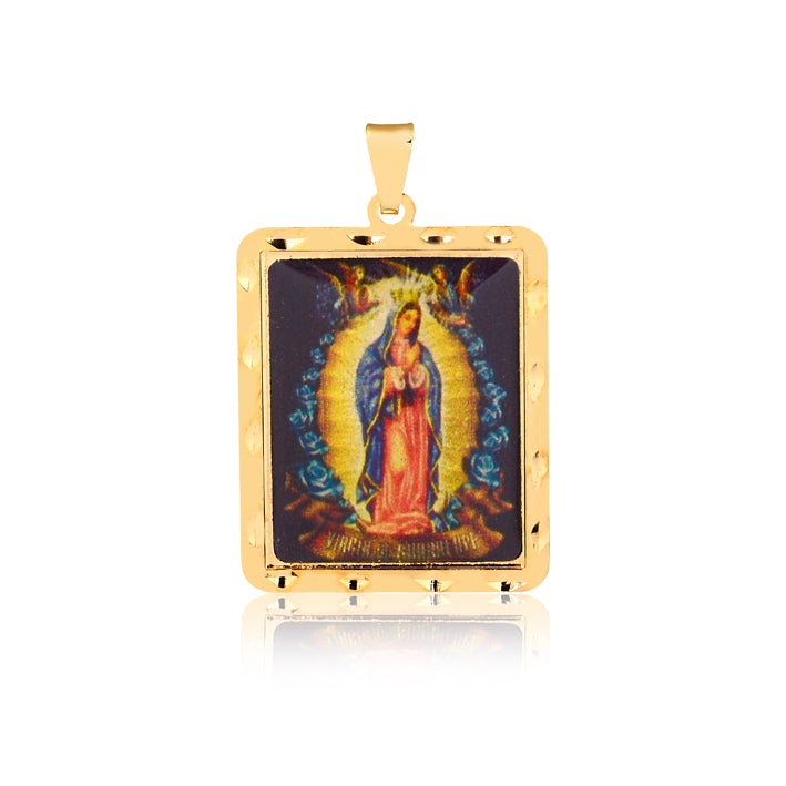 18K Gold Layered Oro Laminado Enamel Our Lady of Guadalupe Square Medal Pendant 31.0089/17