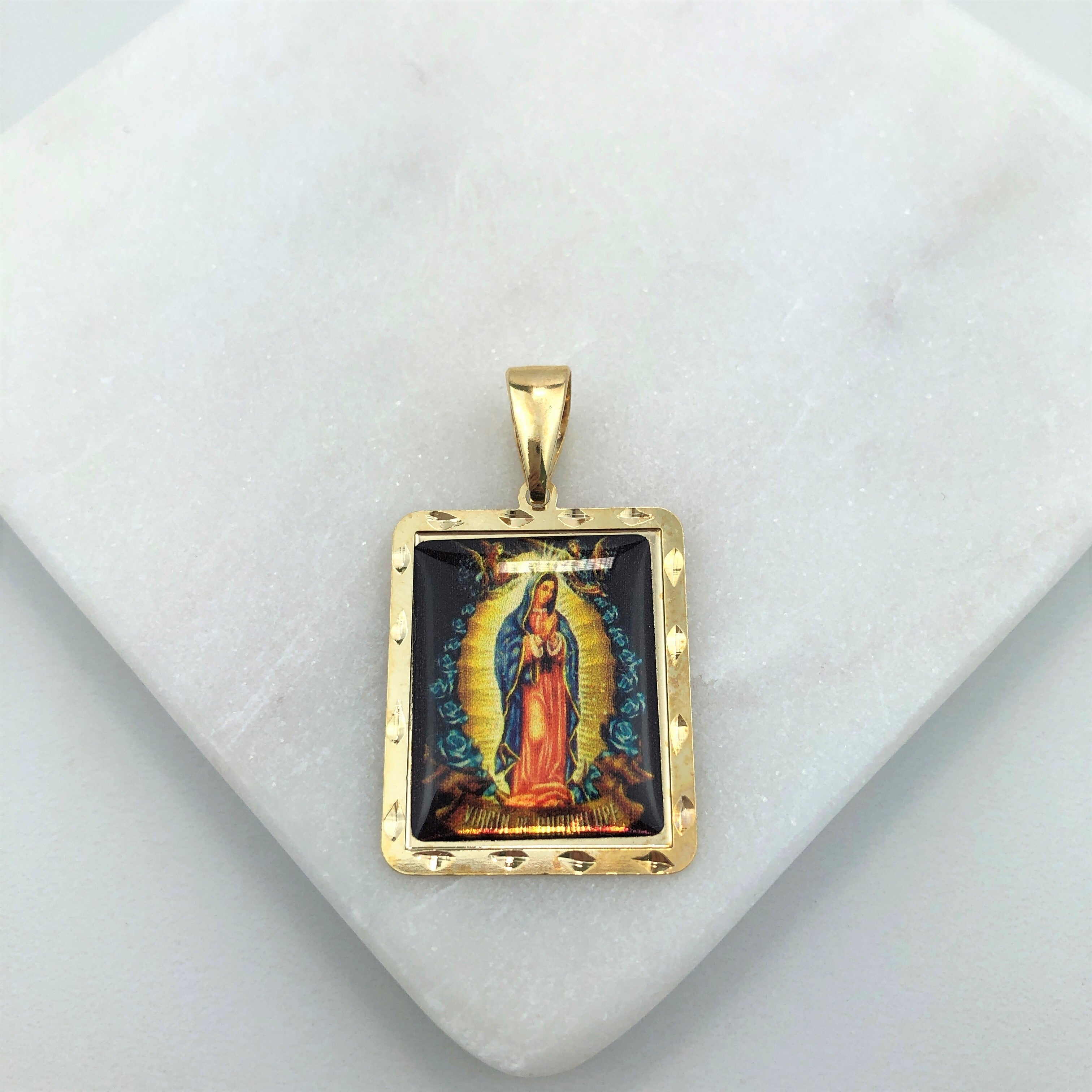 18K Gold Layered Oro Laminado Enamel Our Lady of Guadalupe Square Medal Pendant 31.0089/17